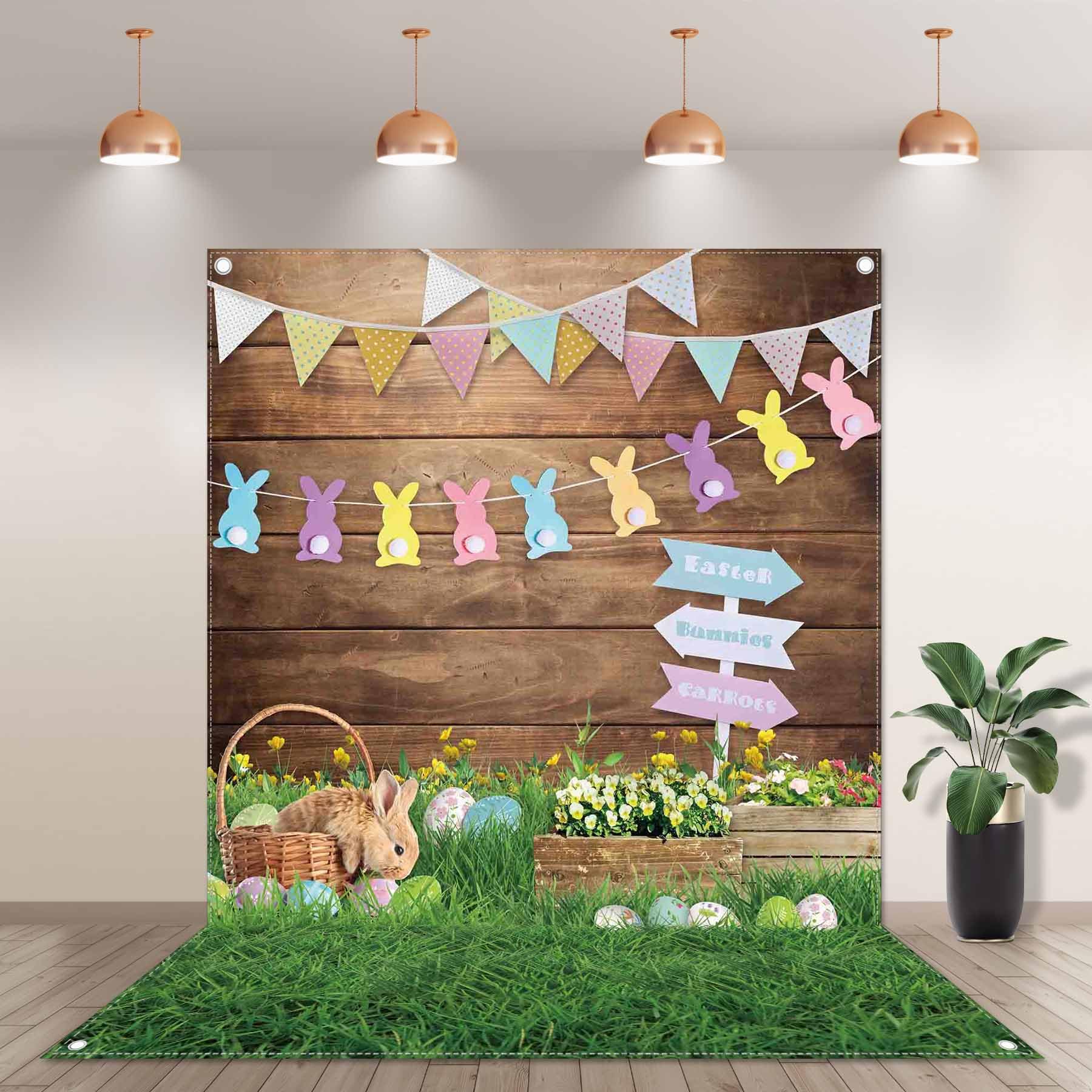 Zthmoe 5X7Ft Durable Fabric Spring Easter Photography Backdrop Rabbit Eggs Wooden Wall Flowers Grass Background Bunny Flag Portr