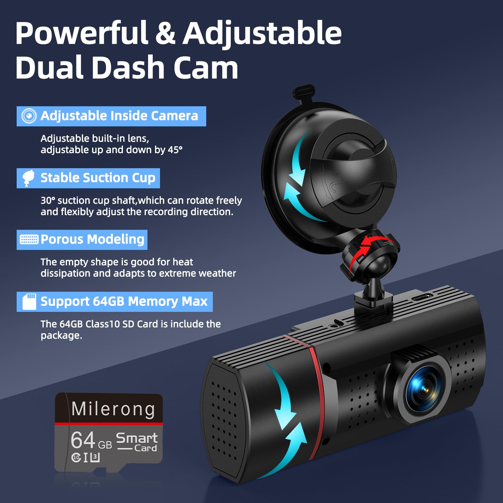 Dual Dash Cam Front And Inside With 64Gb Card,Milerong X25 1080P Dash Camera For Cars With Infrared Night Vision,Loop Recording,