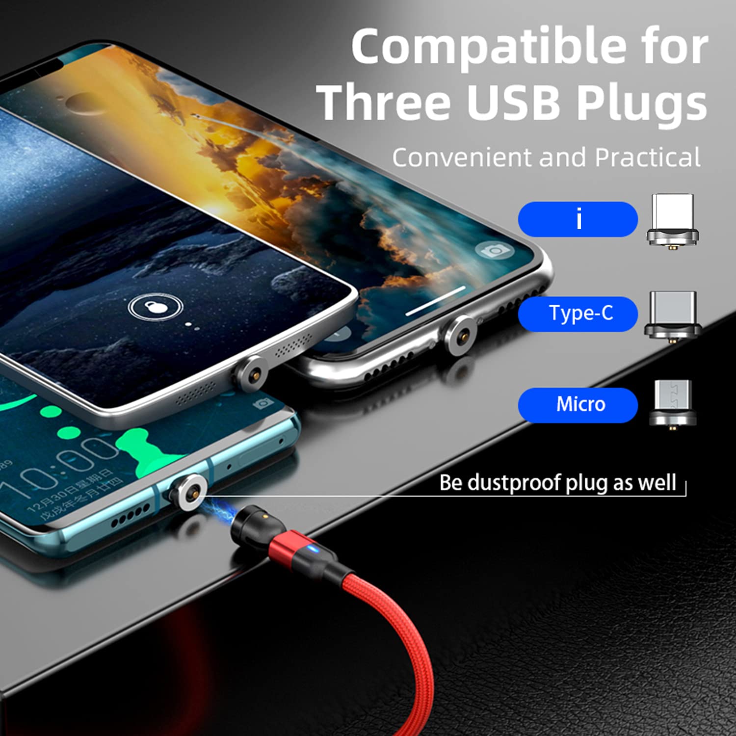 Bojianxin 540� Rotation Magnetic Charging Cable(7 Pack, 1.6Ft/3.3Ft/3.3Ft/6.6Ft/6.6Ft/10Ft/10Ft) Magnetic Usb Cable, 3 In 1 Magnetic Phone Charger Compatible With Micro Usb, Type C Etc