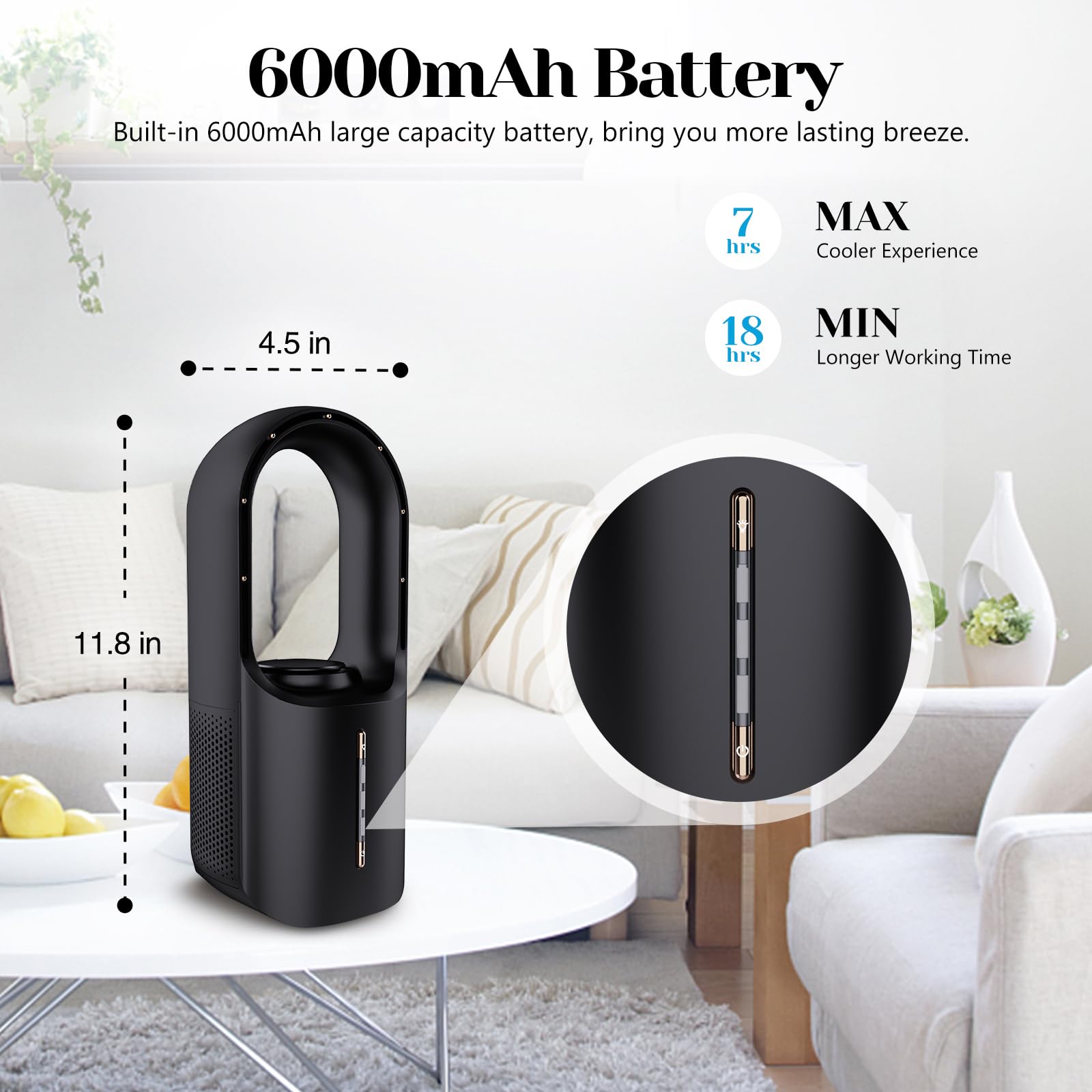 Sismel Desk Fan,Portable Fan 11.8 Inch,Bladeless Fan,Small Fan Quiet Table,Rechargeable Battery Operated Fan With 3 Cooling Spee