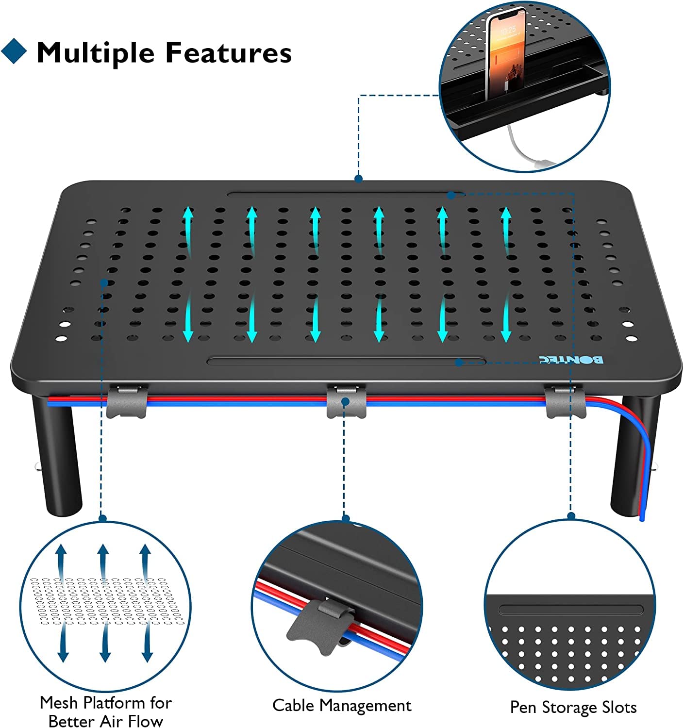 Bontec 2 Pack Monitor Stand Riser With Drawer, 3 Height Adjustable Pc Monitor Riser For Desk With Mesh Platform For Laptop, Comp