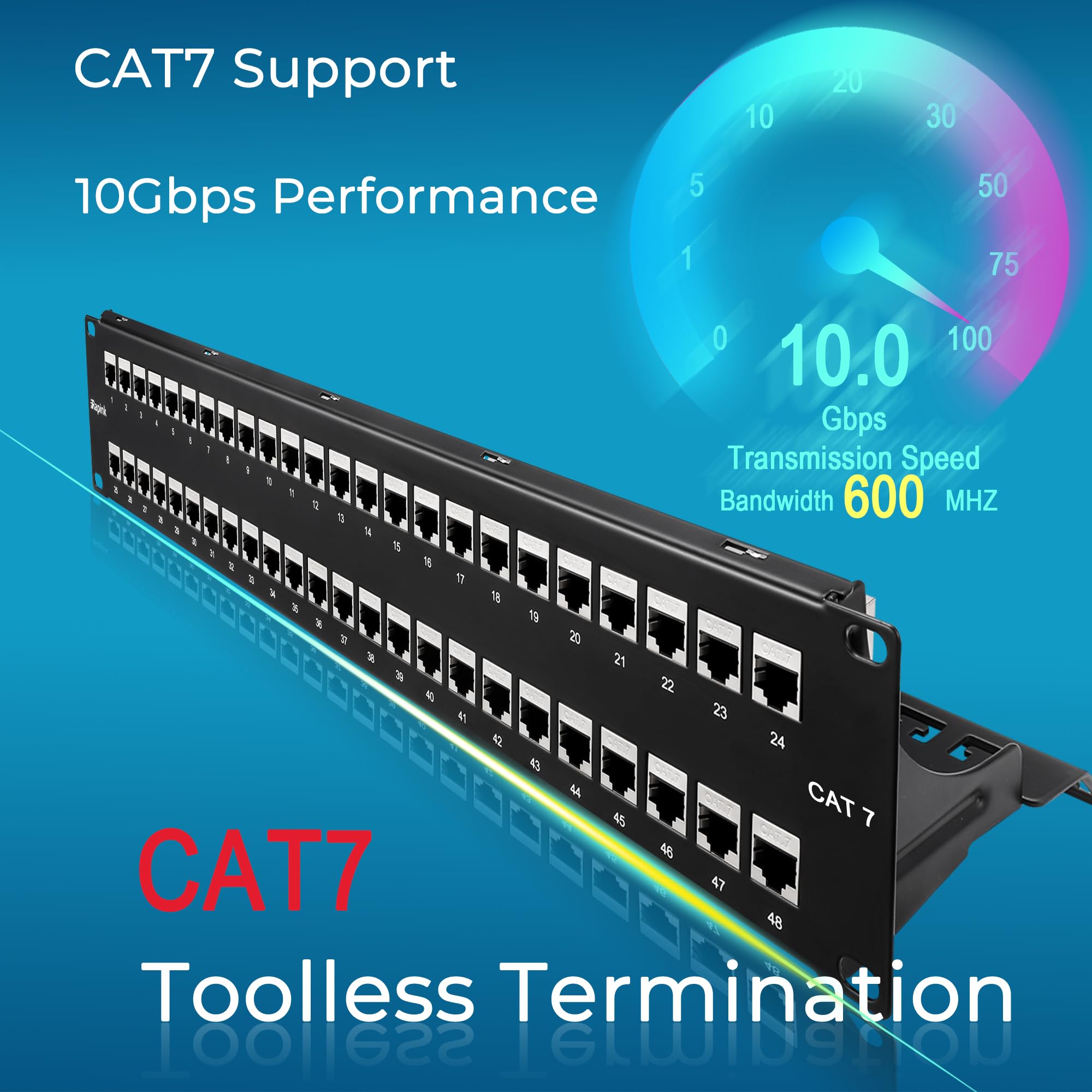 Rapink Patch Panel 48 Port Cat7 With Inline Keystone 10G Support, Coupler Patch Panel Stp Shielded 19 Inch With Removable Back Bar, 2U Network Patch Panel For Cat7, Cat6, Cat6A, Cat5E Cabling