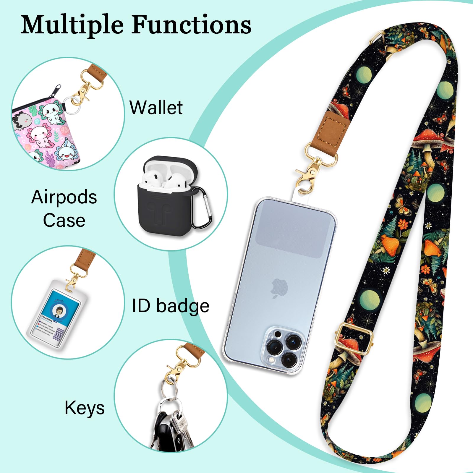 Piefly Phone Lanyard Crossbody Wrist Strap, Cute Mushroom Cell Phone Lanyards For Around The Neck Wristlet Shoulder, Adjustable