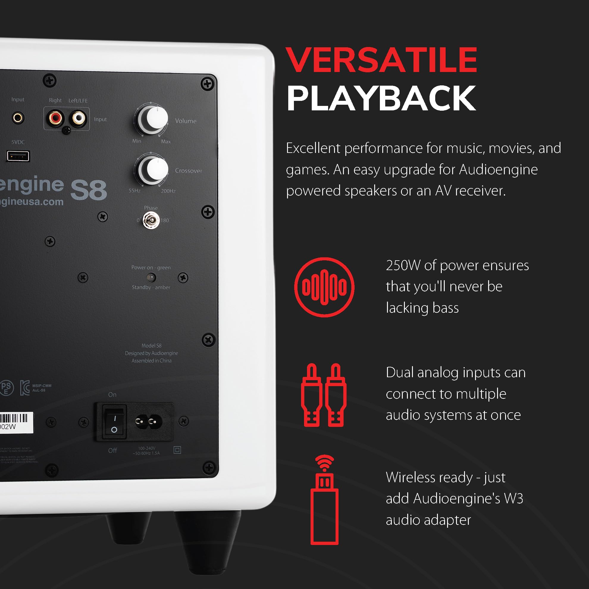 Audioengine S8 8' 250W Powered Home Audio Subwoofer Speaker   Built In Amplifier And Dual Audio Inputs   White