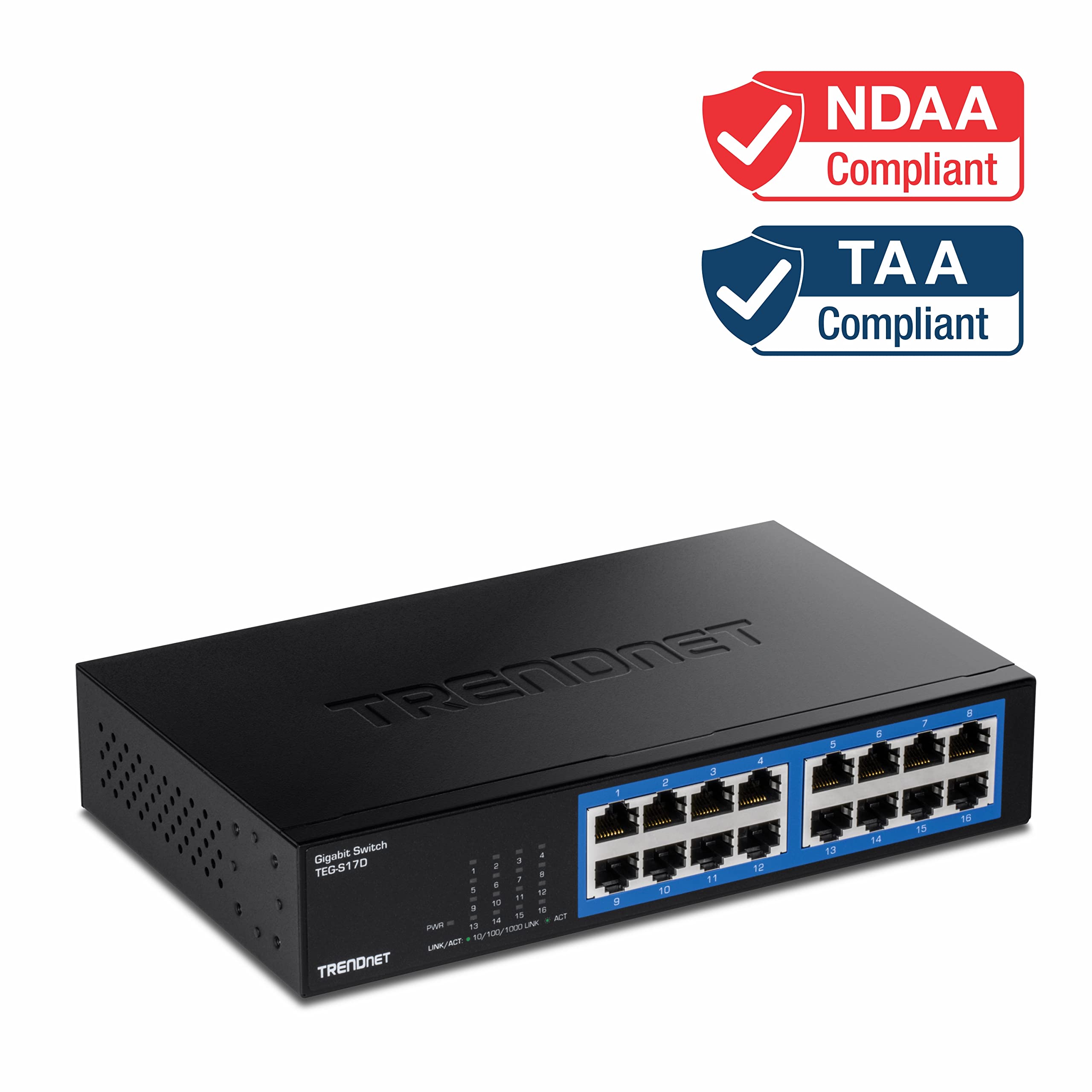 Trendnet 16-Port Gigabit Desktop Switch, Teg-S17D, 16 X Gigabit Rj-45 Ports, 32Gbps Switching Capacity, Fanless Design, Metal En