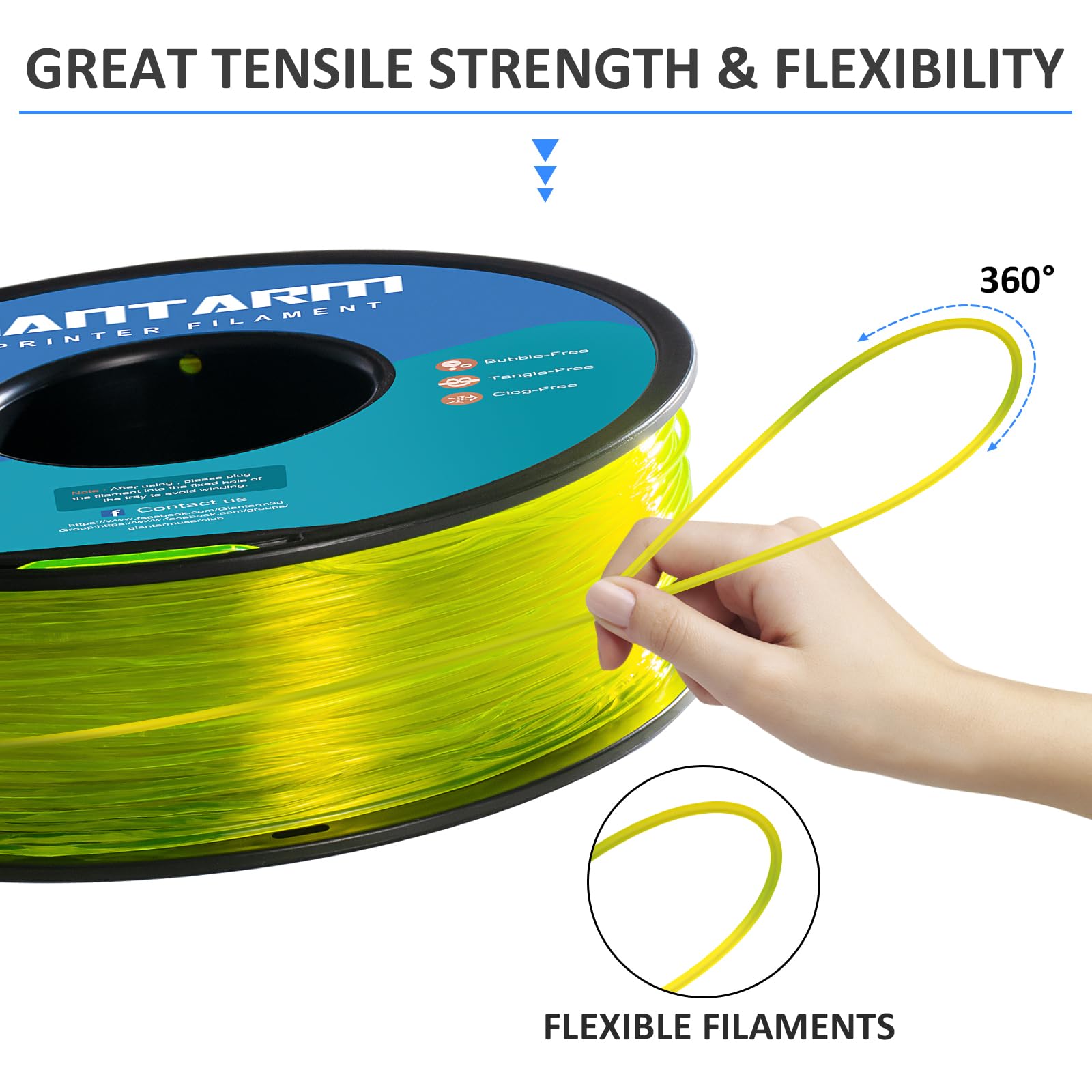 Giantarm Tpu Filament 1.75Mm Flexible Soft 3D Printer Consumables Grass Yellow,95A 1Kg Spool (2.2 Lbs.), Dimensional Accuracy +/