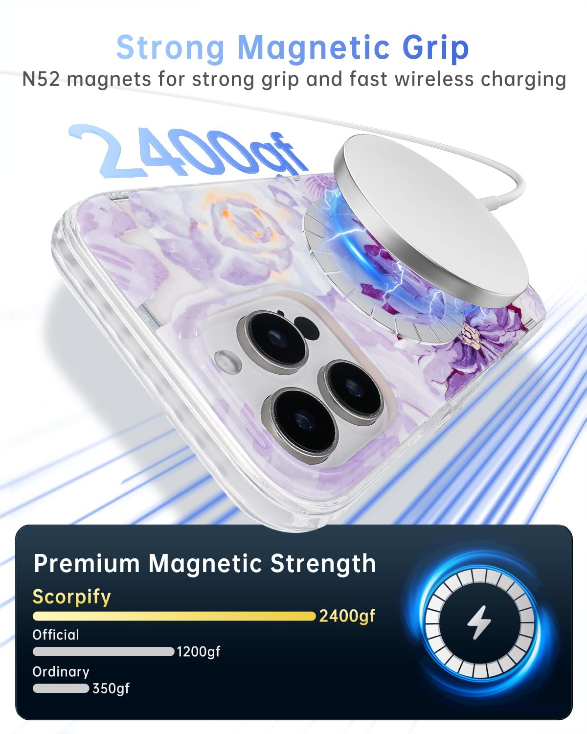 Scorpify For Iphone 16 Pro Case [Compatible With Magsafe] With Purple Zinnia Floral Design, Cute Clear Magnetic Phone Cover For