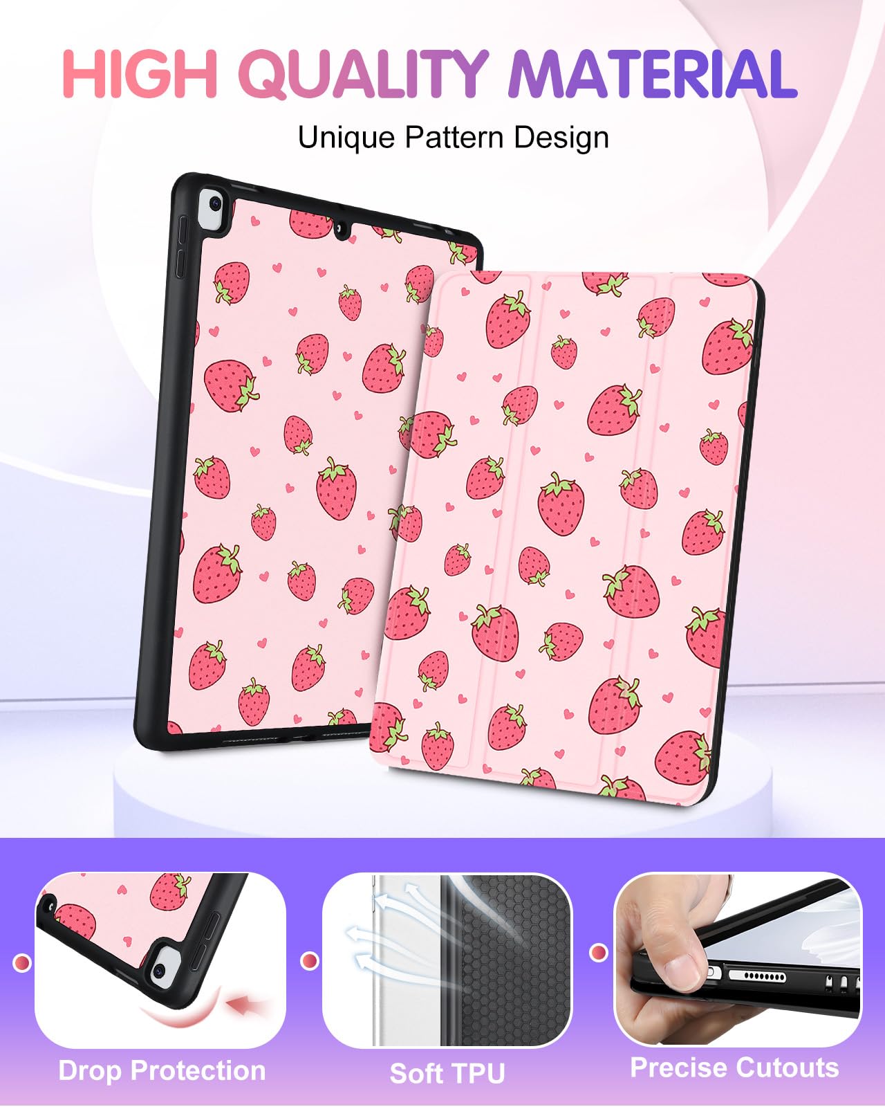 Uppuppy For Ipad 9Th/8Th/7Th Generation Case 10.2 Inch Girls Cute Kids Women Folio Smart Cover Pencil Holder Strawberry Aestheti