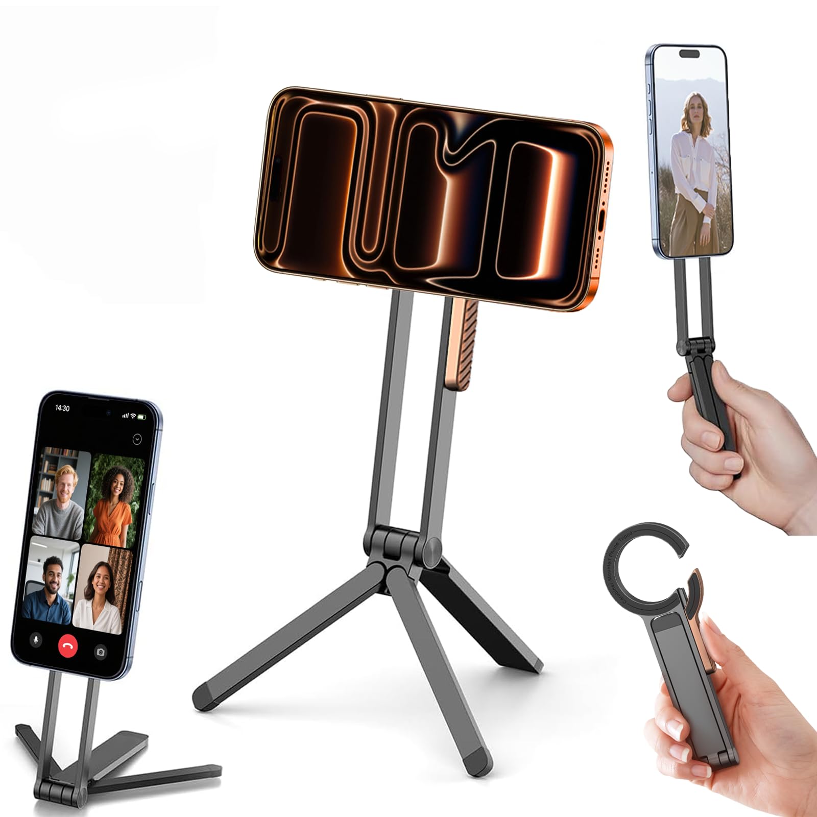 Huogantom Magnetic Phone Tripod, Aluminum Alloy Mini Foldable Tripod for Cell Phone, Travel Essential Adjustable Phone Stand for
