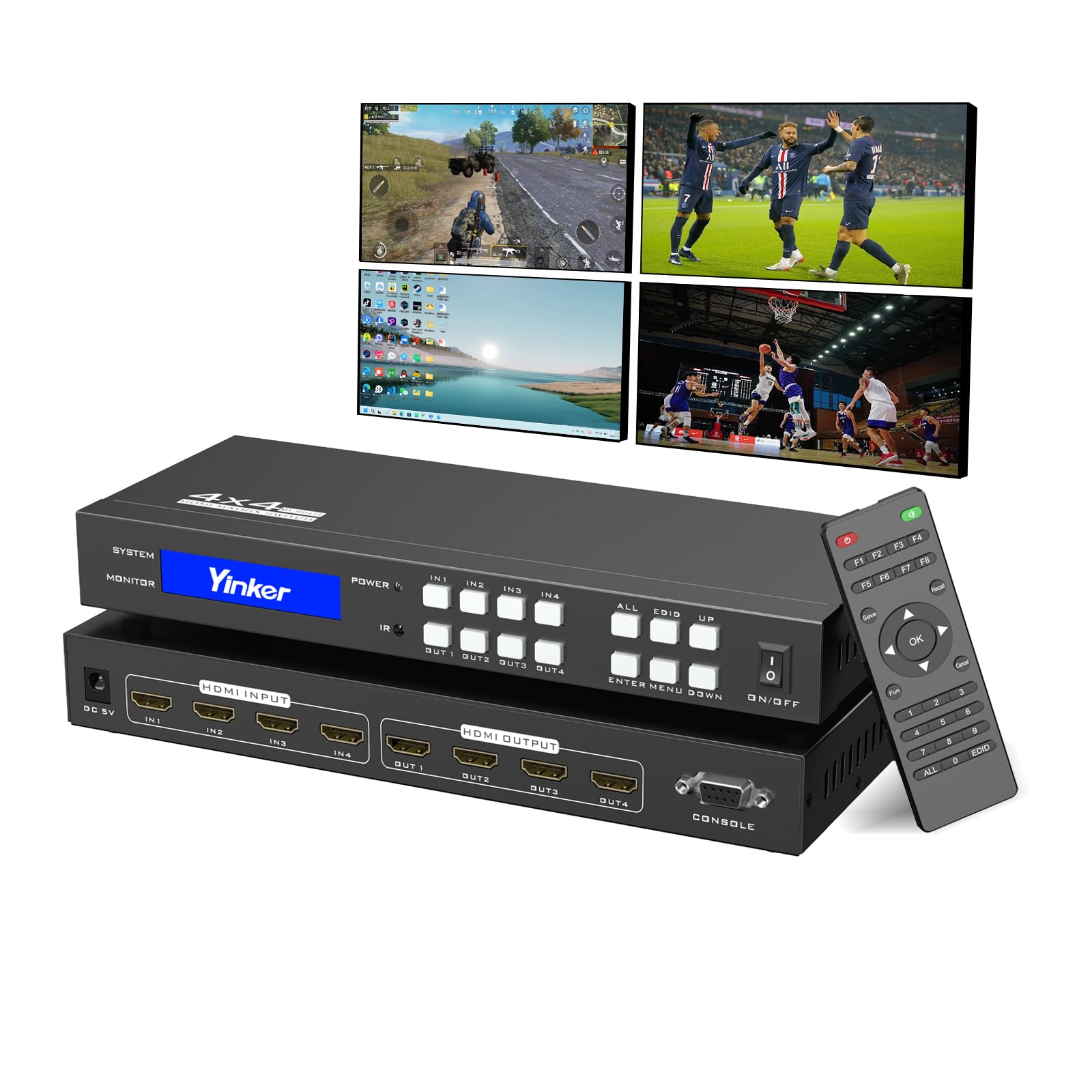 Yinker 4K Hdmi Matrix Switch 4X4, 4K@30Hz Hdmi Matrix Switcher Splitter 4 In 4 Out With Backlit Button, Support Hdcp Edid Management Rs232 Control