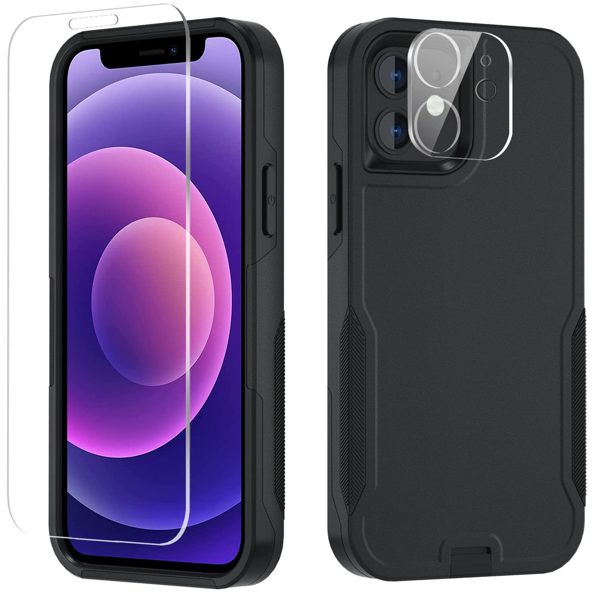 Xmon For Iphone 12 Case [Shockproof] [Dropproof] [Tempered Glass Screen Protector With Camera Lens Protector] Heavy Duty Phone C