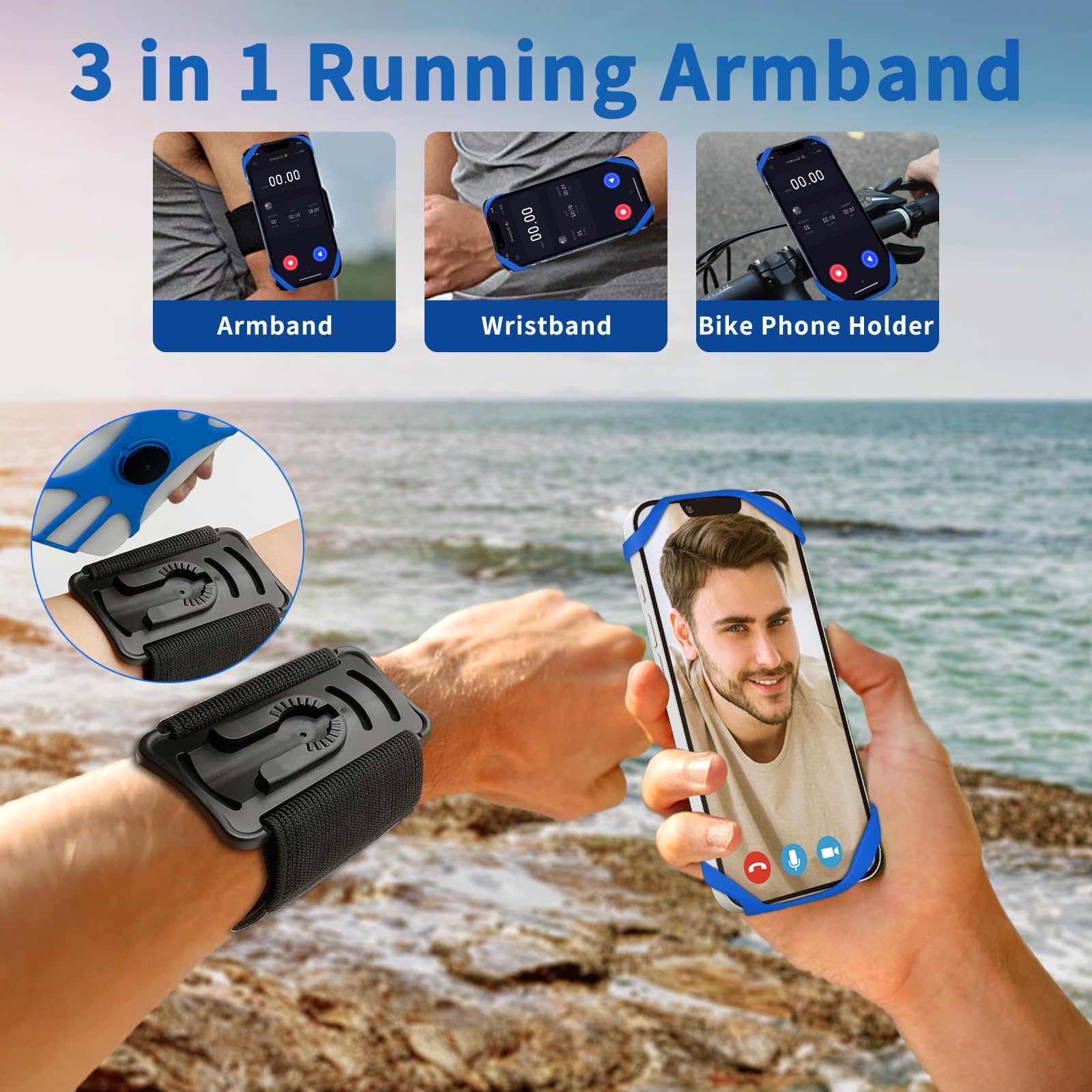 Hlomom 3In1 Phone Holder For Running,Arm Band/Wrist Holder/Bike Mount,Phone Armbands 360 Rotation & Detachable Fit All 4.5-7'' C