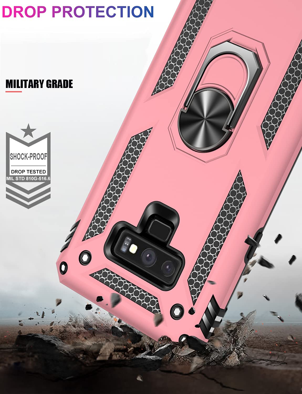 IKAZZ Samsung Galaxy Note 9 Military Grade Shockproof Phone Case Magnetic Kickstand Rose Gold Plastic