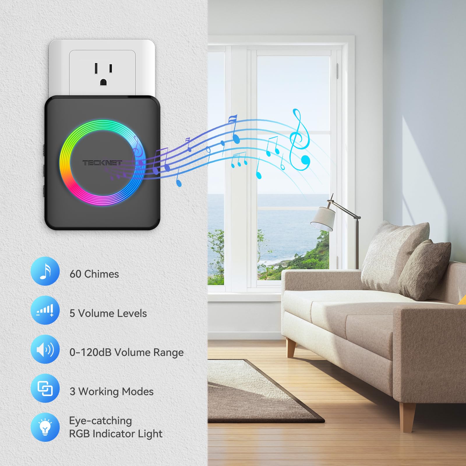 Tecknet Wireless Doorbell With 2 Plug In Receivers, Ip65 Waterproof Doorbells For Home With Rgb Light, 1300Ft Operating Range, 6