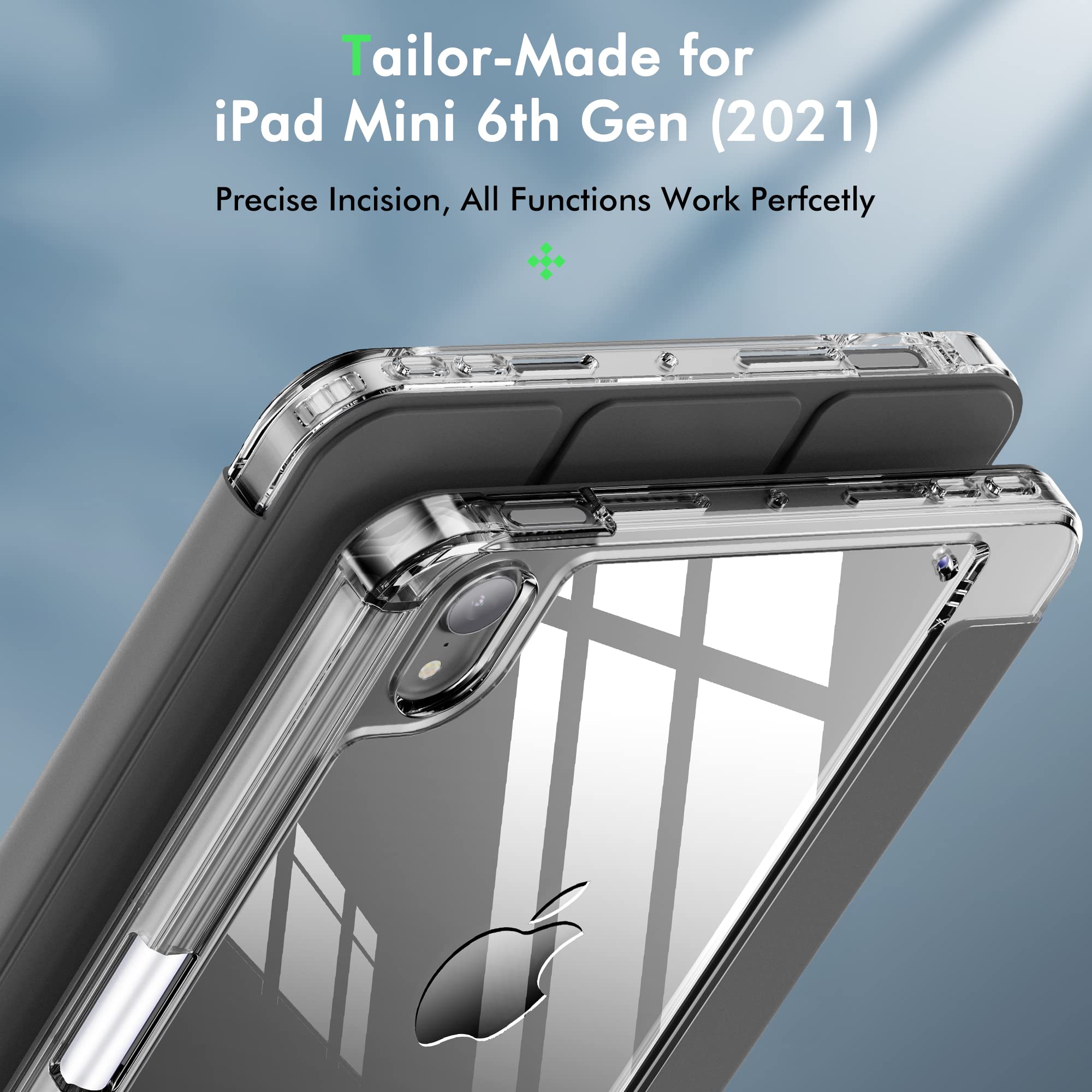 Infiland New Hybrid Ipad Mini 6 Case (8.3 Inch, 2021), Ultra Clear Back & Pu Leather Cover 6 Ft Drop Protection Ipad Mini 6Th Generation Case With Pencil Holder Support Wireless Charging, Clear Grey