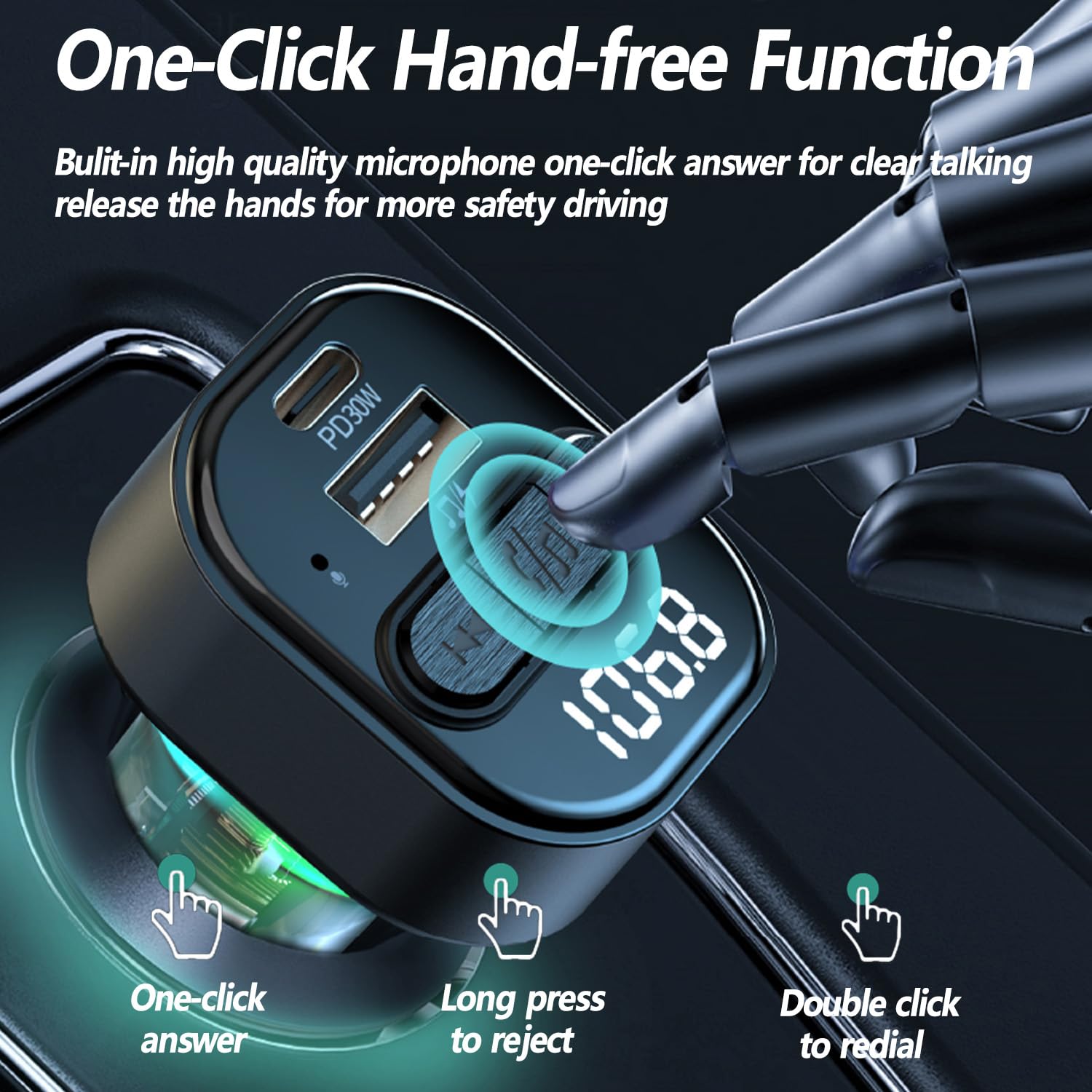 SYENGKKY Bluetooth 5.3 FM Transmitter Car Adapter with Type-C PD 30W & QC3.0 USB Charger, Handsfree, LED Backlit