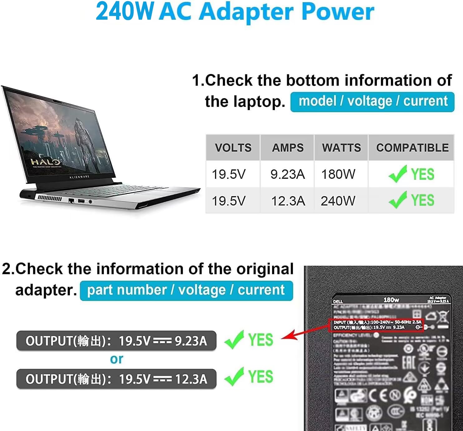 240W Laptop Charger Fit For Dell Alienware M15 R7 R6 R5 R4 R3 M17 R5 R4 R3 X51 X16 M18X R2 R1 Dell G15 5535 5520 5525 5521 5515