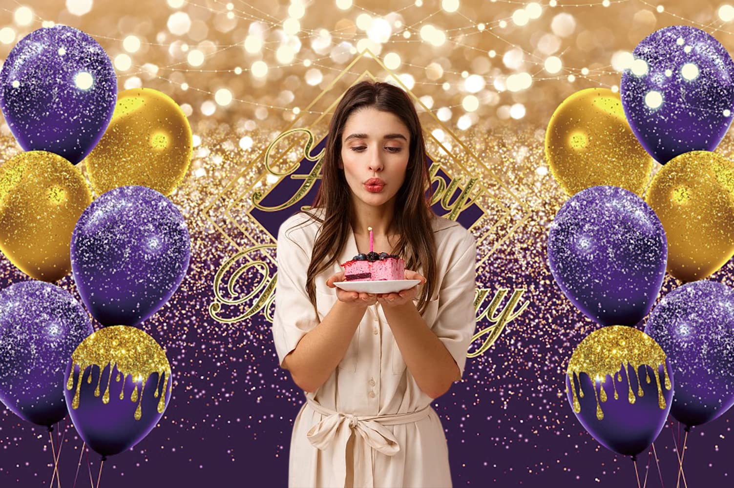 Renaiss 7X5Ft Violet Happy Birthday Backdrop For Photoshoot Kids Men Women Portrait Purple Gold Balloons Photography Background