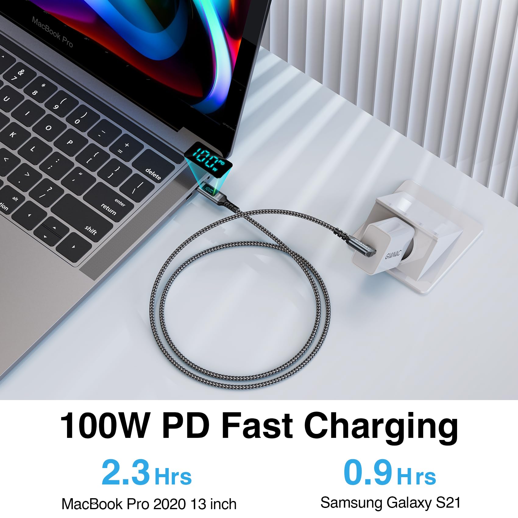 100W Usb C To Usb C Charger Cable [0.3M] 90 Degree Usb C Cable Fast Charging With Led Display Pd 5A Phone Charger Cable For Macb