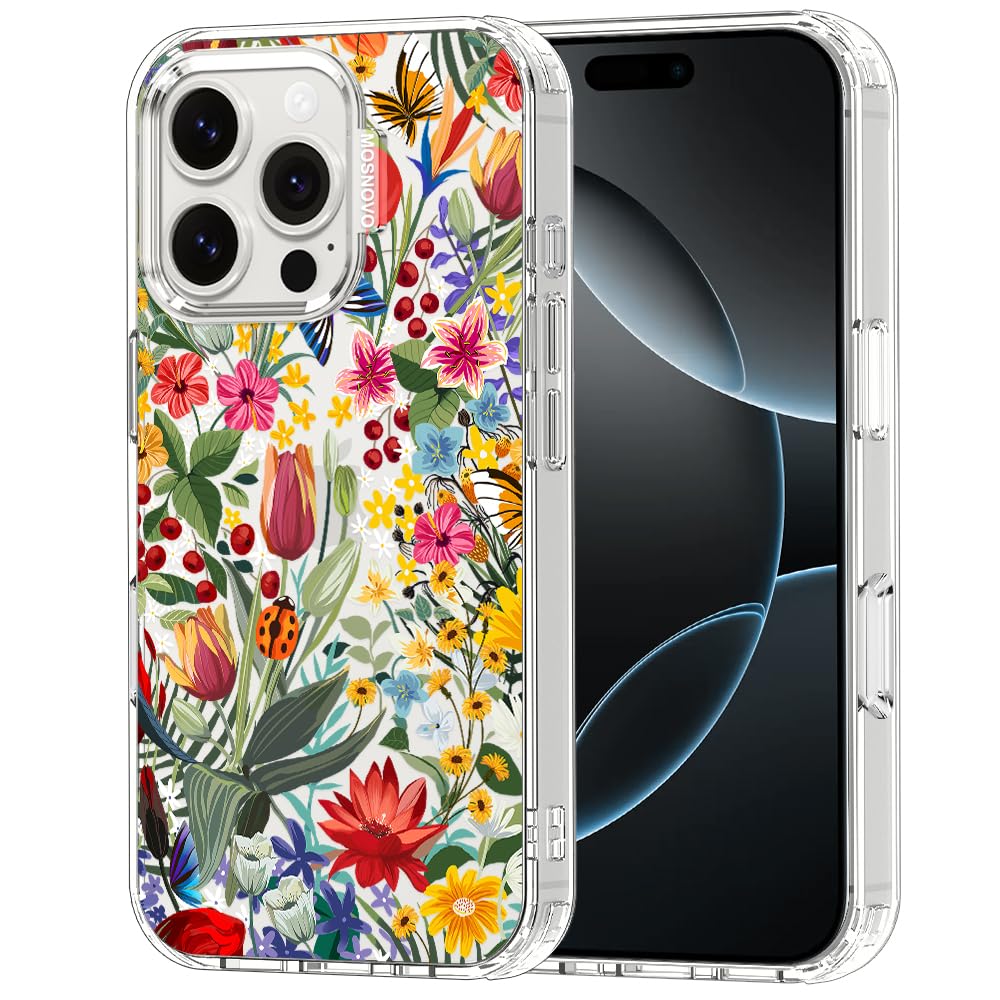 MOSNOVO for iPhone 16 Pro Case | Military Grade 6.6ft Drop Tested | Clear with in The Garden Design
