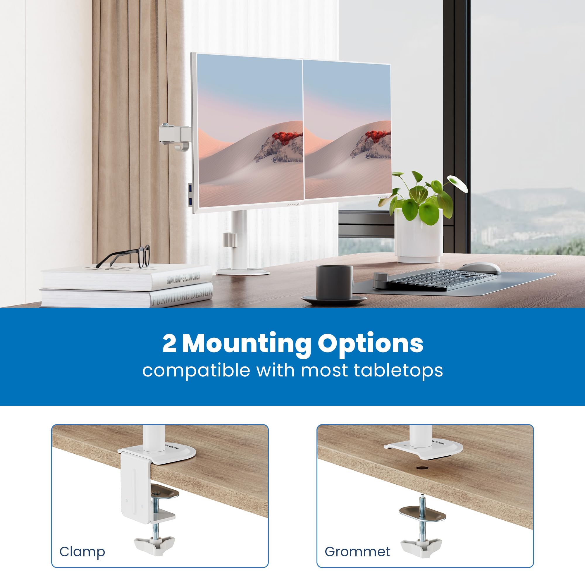 Mount It! Dual Monitor Mount for Desk, Adjustable Tilt Swivel on Double Monitor Mounts for Screens up to 32�, Dual Monitor Arms for 2 Monitors, VESA 75x75 and 100x100 C clamp & Grommet in White