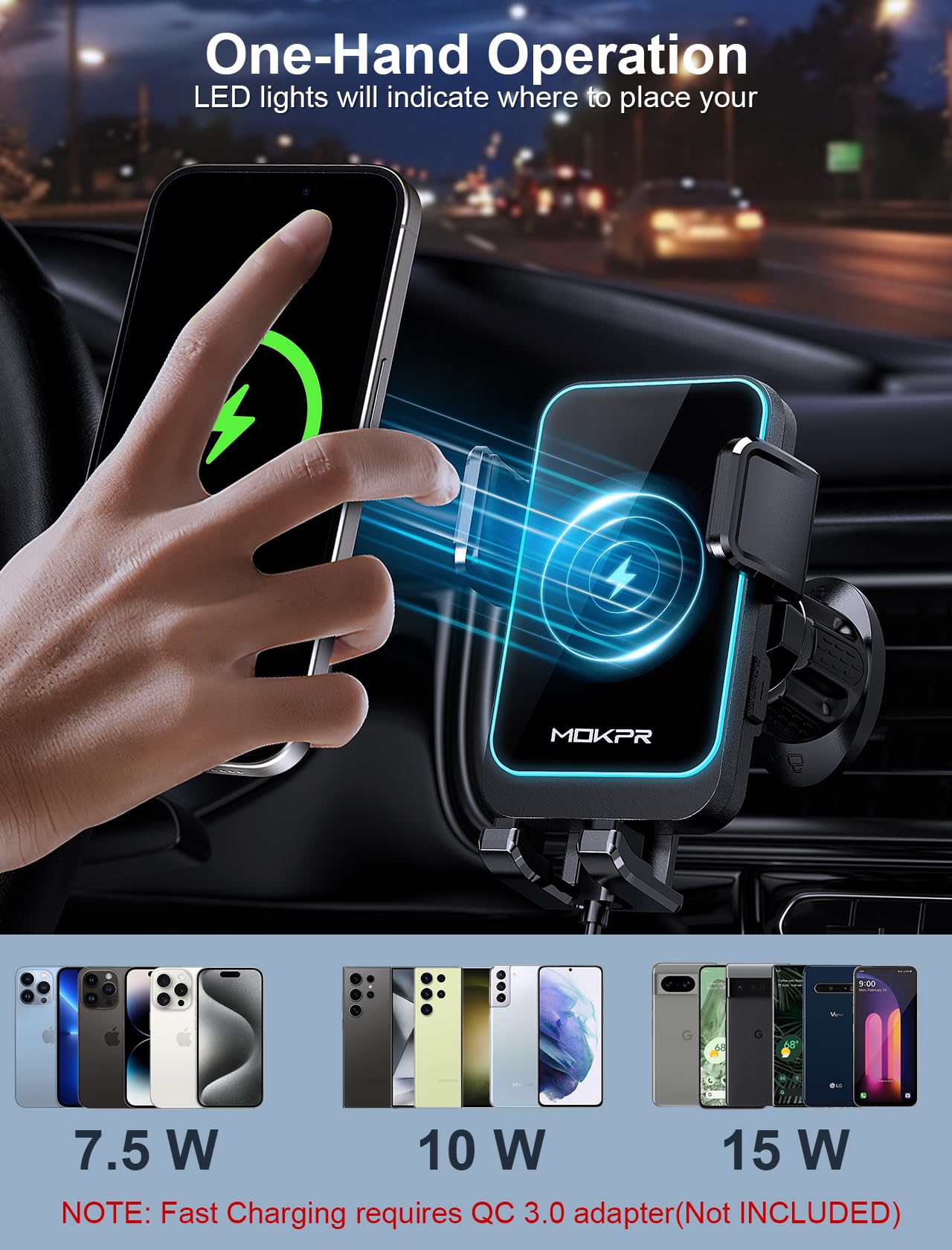 Wireless Car Charger, Mokpr 15W Fast Charging Auto Clamping Air Vent Car Phone Holder With Led Light Car Charger For Iphone 16 1