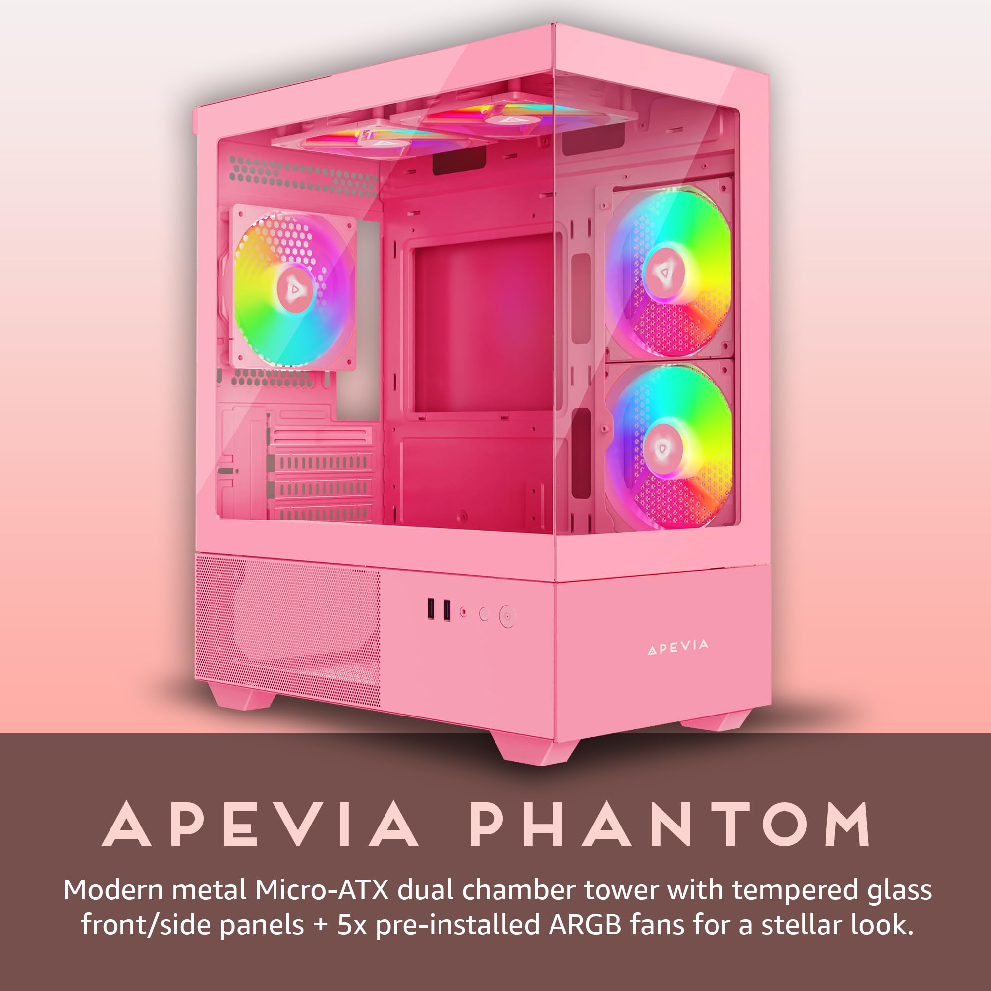 Apevia Phantom Pk Phantom Micro Atx Dual Chamber Gaming Pc Case W/ 5X 120Mm Argb Fans, 366 Rgb Modes, Dual Tempered Glass Panels