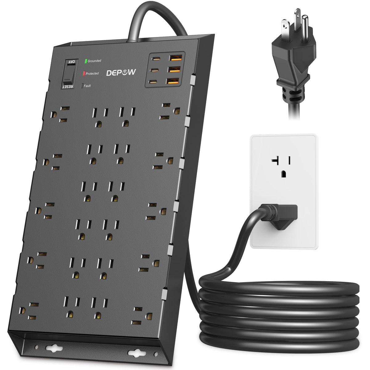 Depow Heavy Duty Power Strip Surge Protector 20Amp (Vertical Plug), T Slot 20A Outlet,6.5 Ft 12 Gauge Extension Cord With 22 Ac