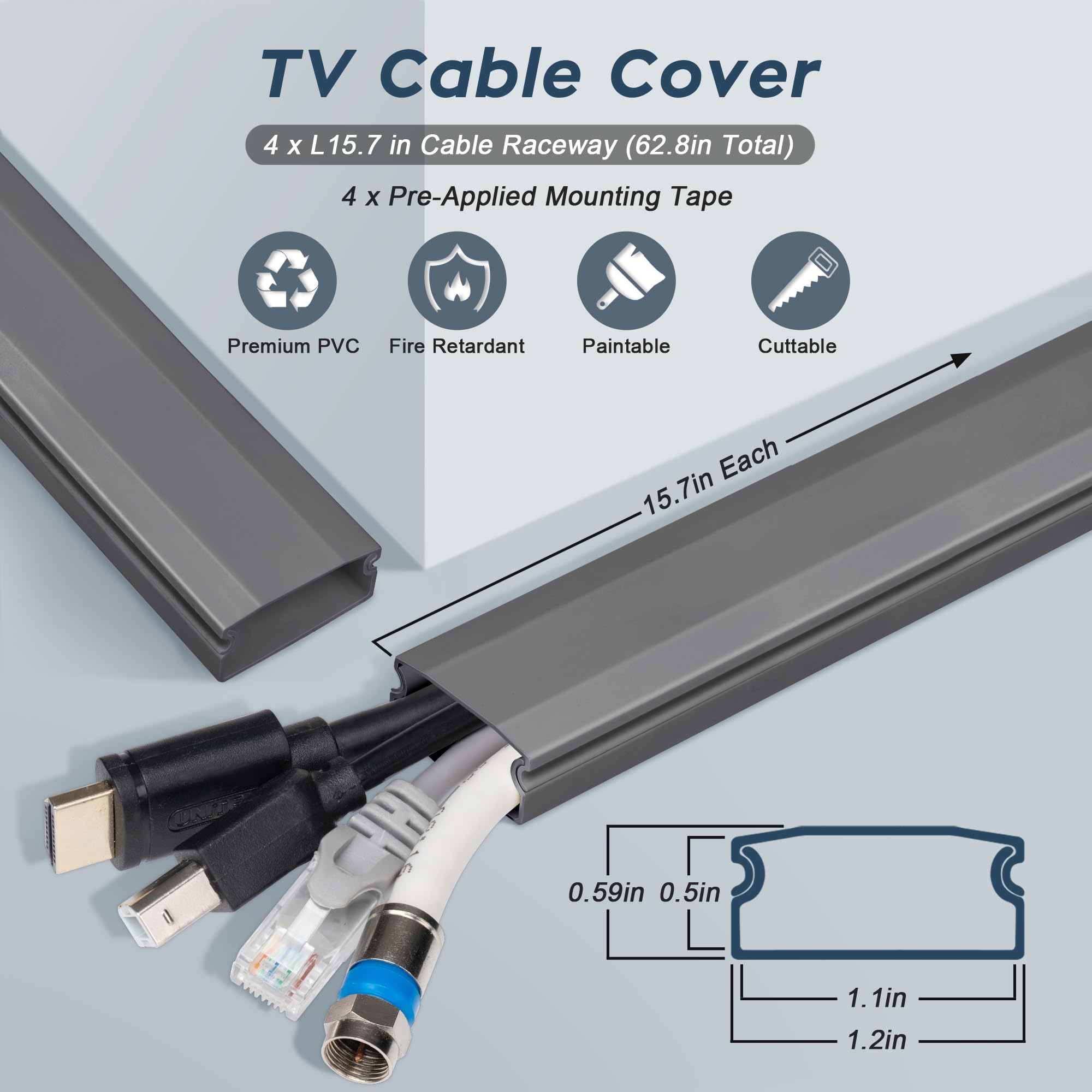 62.8In Tv Cable Hider   Cord Hider Cable Management Wall, Cable Raceway Grey Wire Hider, Paintable Cable Concealer For Wall Moun