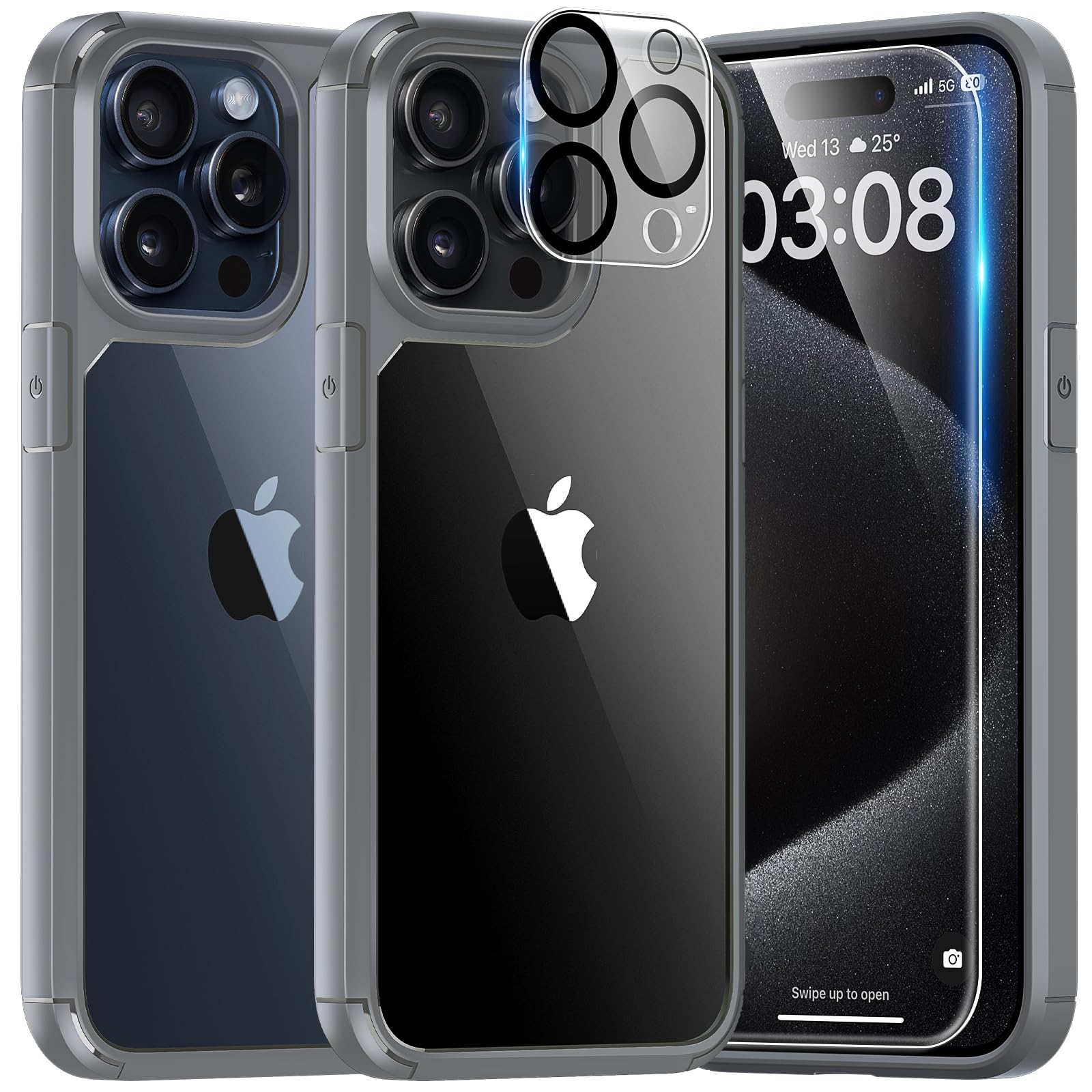 Tauri 5 In 1 For Iphone 15 Pro Case, [Not Yellowing] With 2X Screen Protector + 2X Camera Lens Protector, [Military Grade Drop P