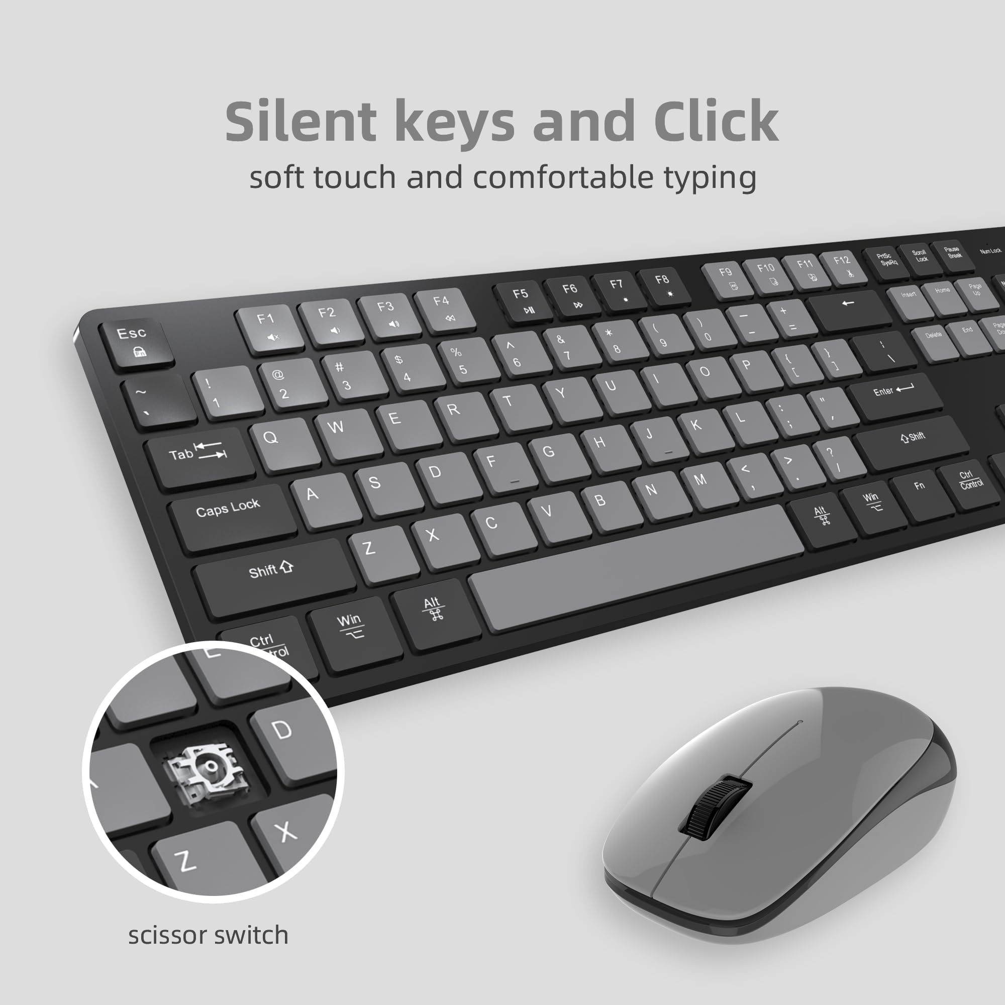 Wireless Keyboard And Mouse Combo, Ultra Slim Silent Scissor Switch Design, Quiet Full Size Keyboards With Number Pad, Compatibl
