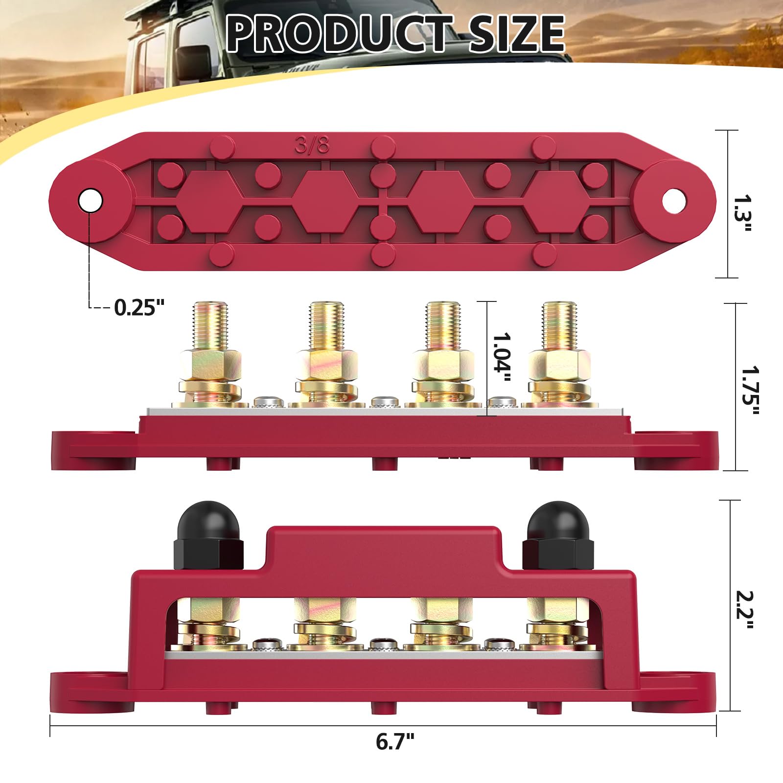 Mofeez Power Distribution Block Bus Bar, 4 X 3/8' Post Marine Bus Bar Battery Busbar Terminal Block With Cover, Lugs, Ring Terminals (Pair, Red & Black)