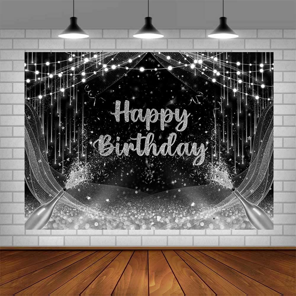 Aibiin 7X5Ft Black And Silver Birthday Backdrop Happy Birthday Photography Background Silver Glitter Birthday Prom Party Decorat