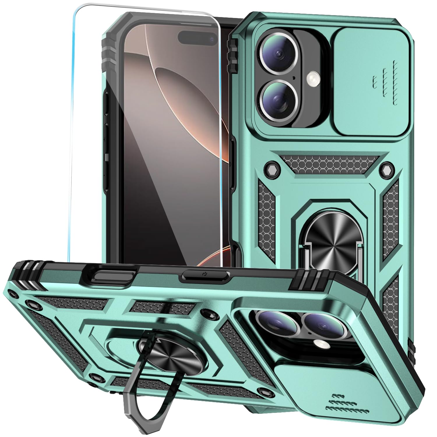 Sunstory For Iphone 16 Case With Hd Screen Protector & Slide Camera Cover & Rotated Ring Kickstand, [Military Grade] Phone Case