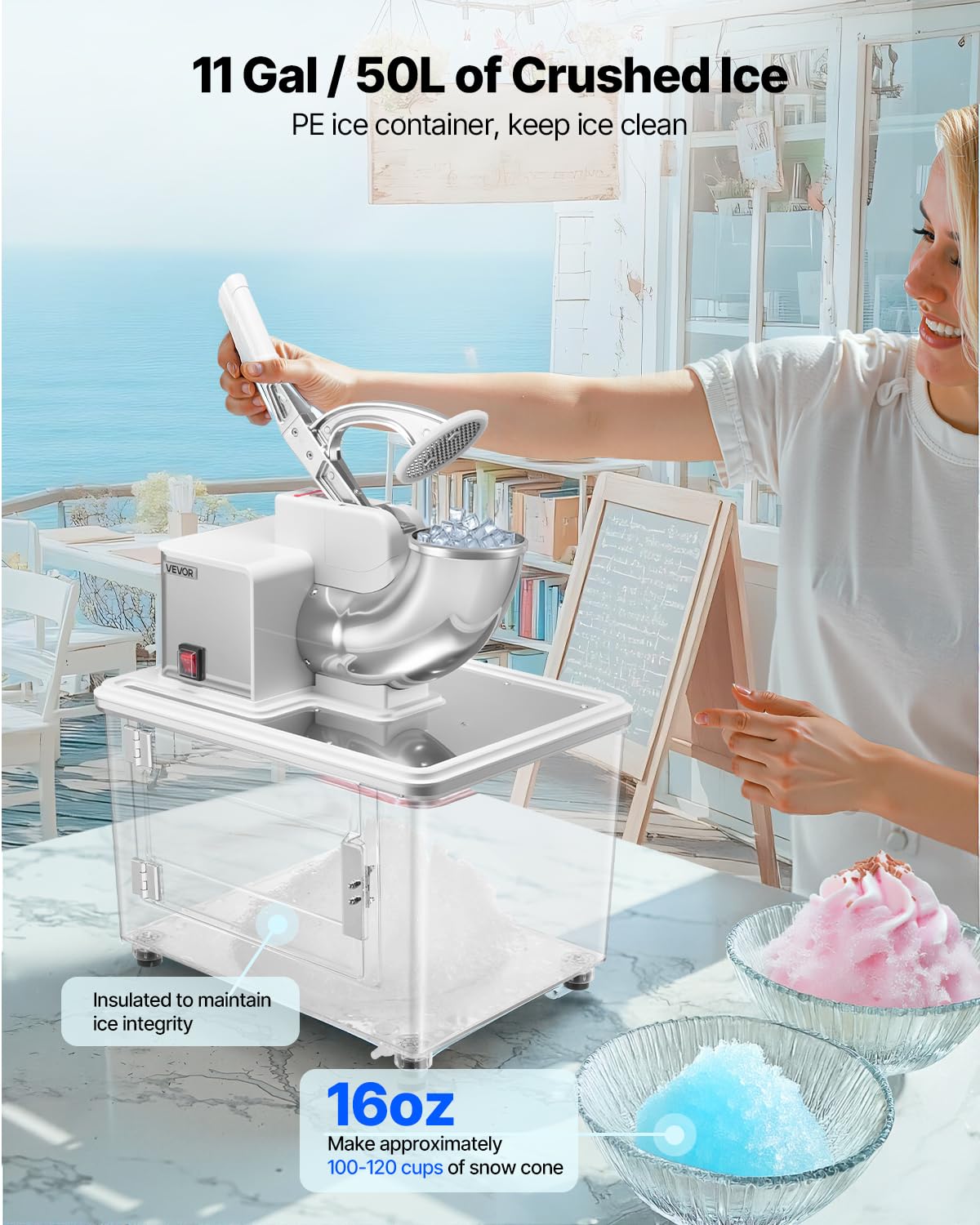 Vevor Commercial Ice Crusher 661Lbs/H, 350W Electric Snow Cone Machine With 4 Blades, 1400Rpm Stainless Steel Shaved Ice Machine