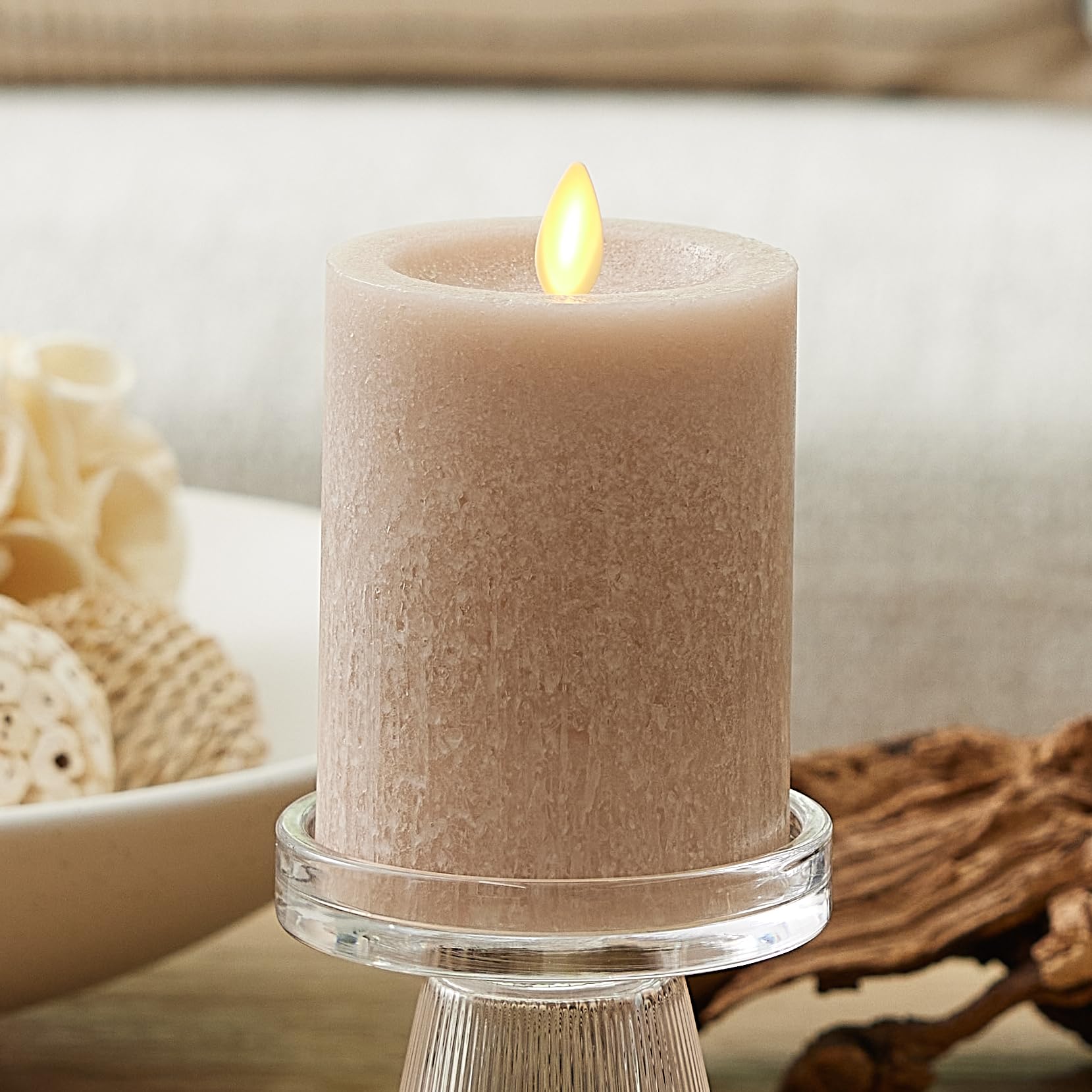 Luminara Sea Glass Flameless Candle, Timeless Taupe 3'' X 4.5'', Moving Led Flame Pillar With Timer, Battery Operated, Real Wax,