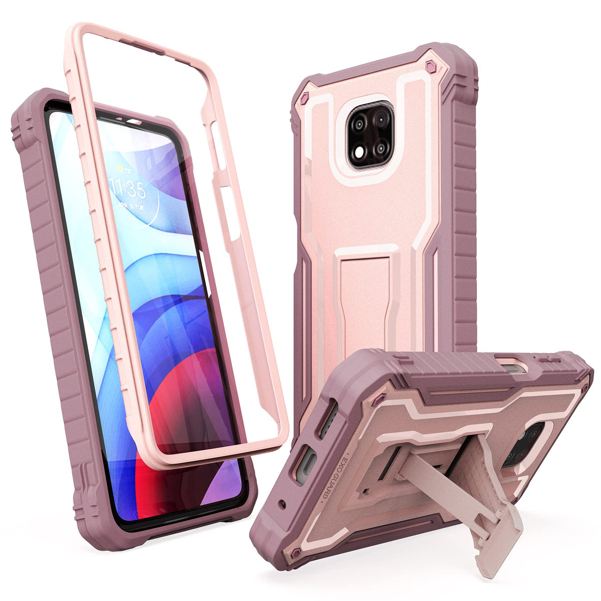 Exoguard For Moto  G  Power 2021 Case, Rubber Shockproof Full Body Cover Case Built In Screen Protector And Kickstand (Pink)