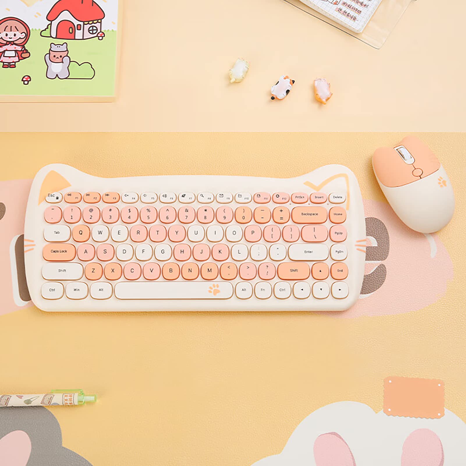 Cute Cat 2.4G Usb Wireless Keyboard And Mouse Combo, Silent Keys, Candy Colors, Compatible With Notebook, Pc (Milktea 84Keys)