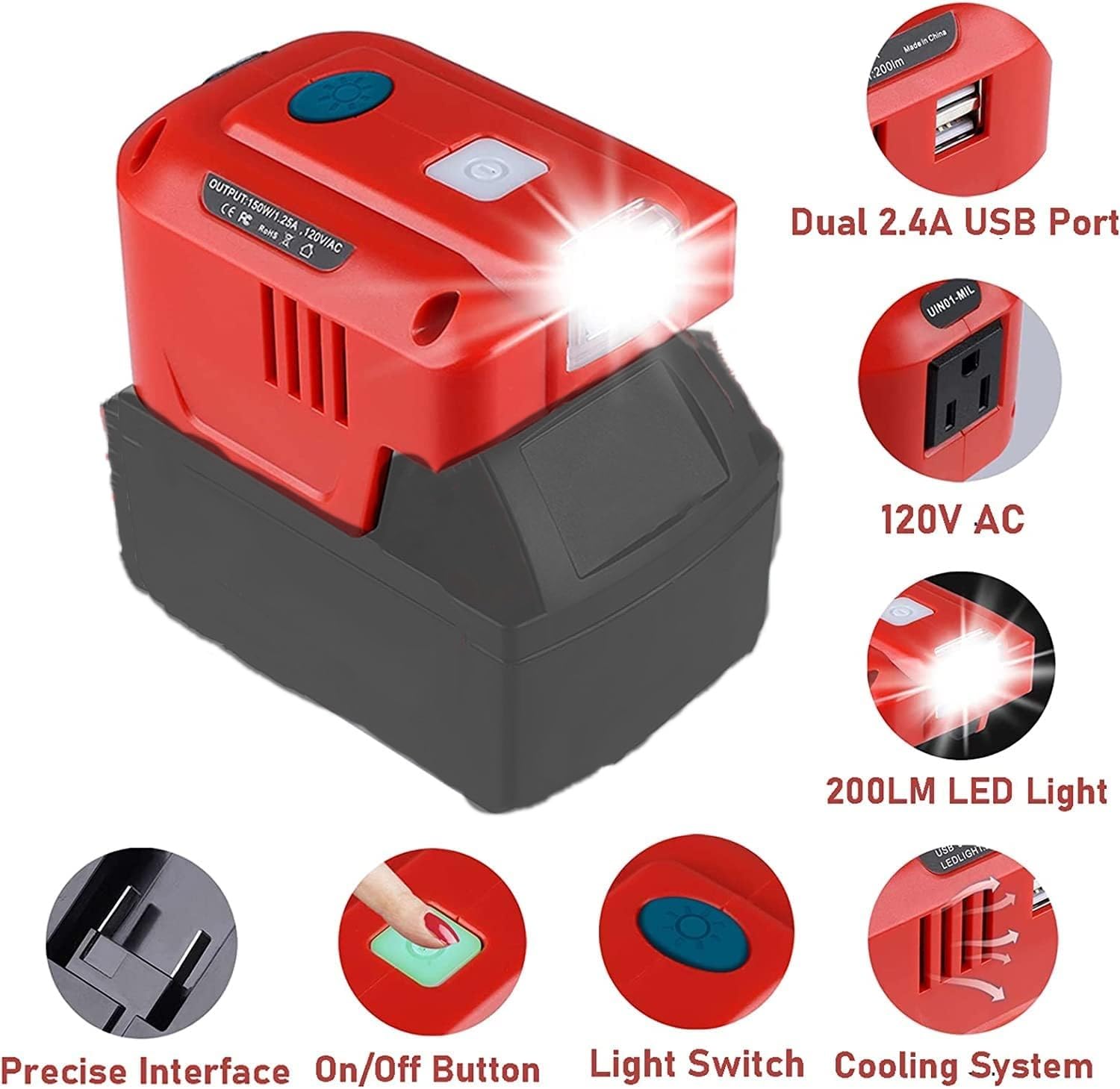 Btrui For Milwaukee M18 Usb Charger Adapter, For Milwaukee 150 Watt Powered Inverter, 18V Dc To Ac 110V 120V Converter With Led
