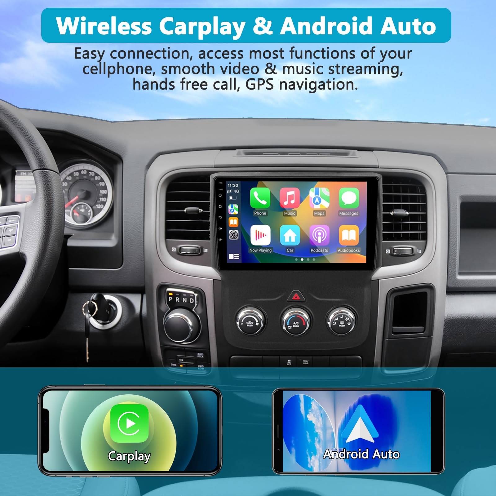 UUTouIoI 9 Car Stereo Radio for Dodge RAM 1500/2500/3500, Android 12, Wireless Carplay/Android Auto, Bluetooth, Touch Screen