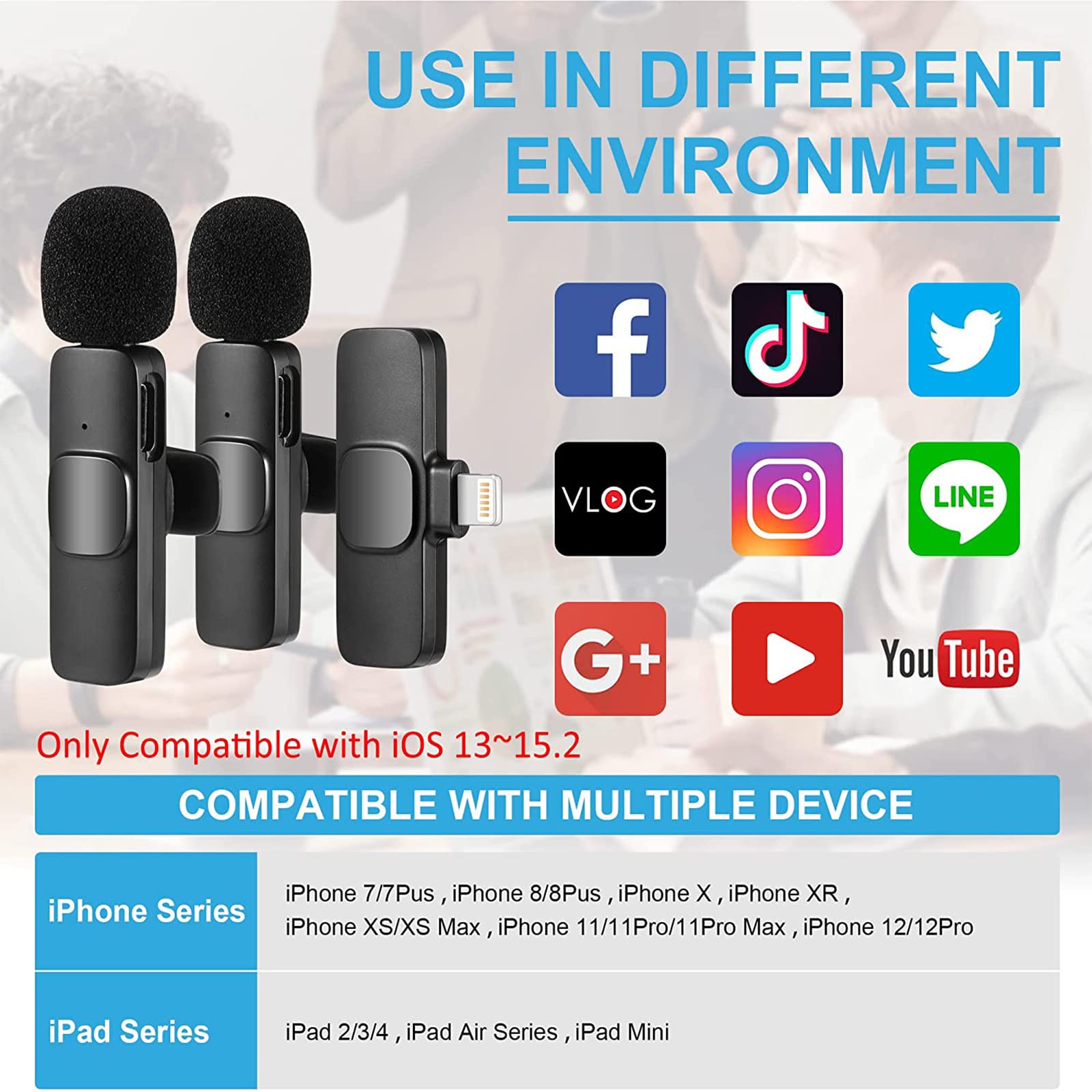 Wireless Microphone For Iphone Ipad, Plug Play Wireless Lavalier Mic With 2 Microphone For Phone Video Recording, Interview, Vlog, Auto Sync And Noise Reduction�