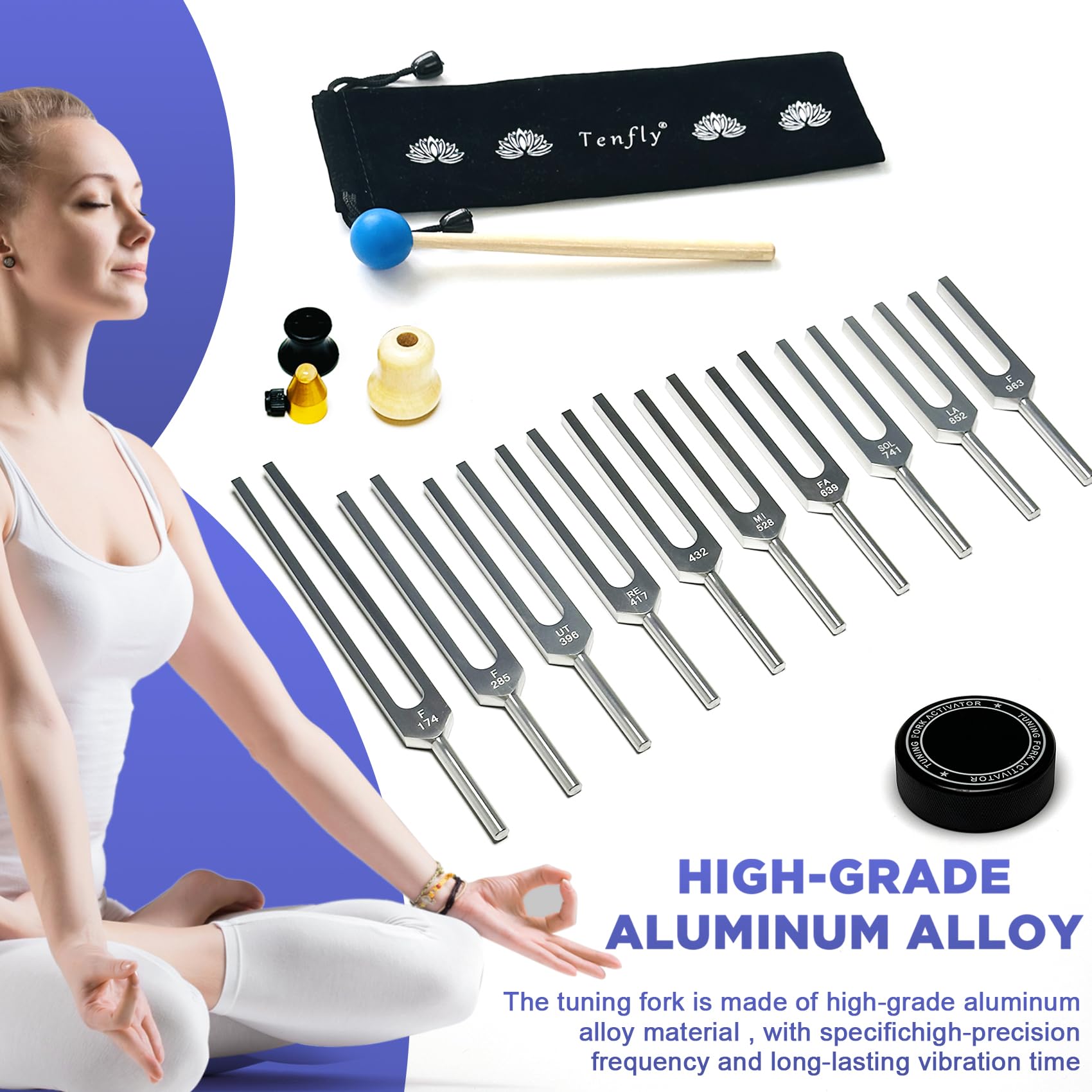 Tenfly Solfeggio Tuning Fork Set   10 Pac Silver Tuning Forks For Body Relaxation, Yoga Meditation, Sound Therapy, Stress Relief