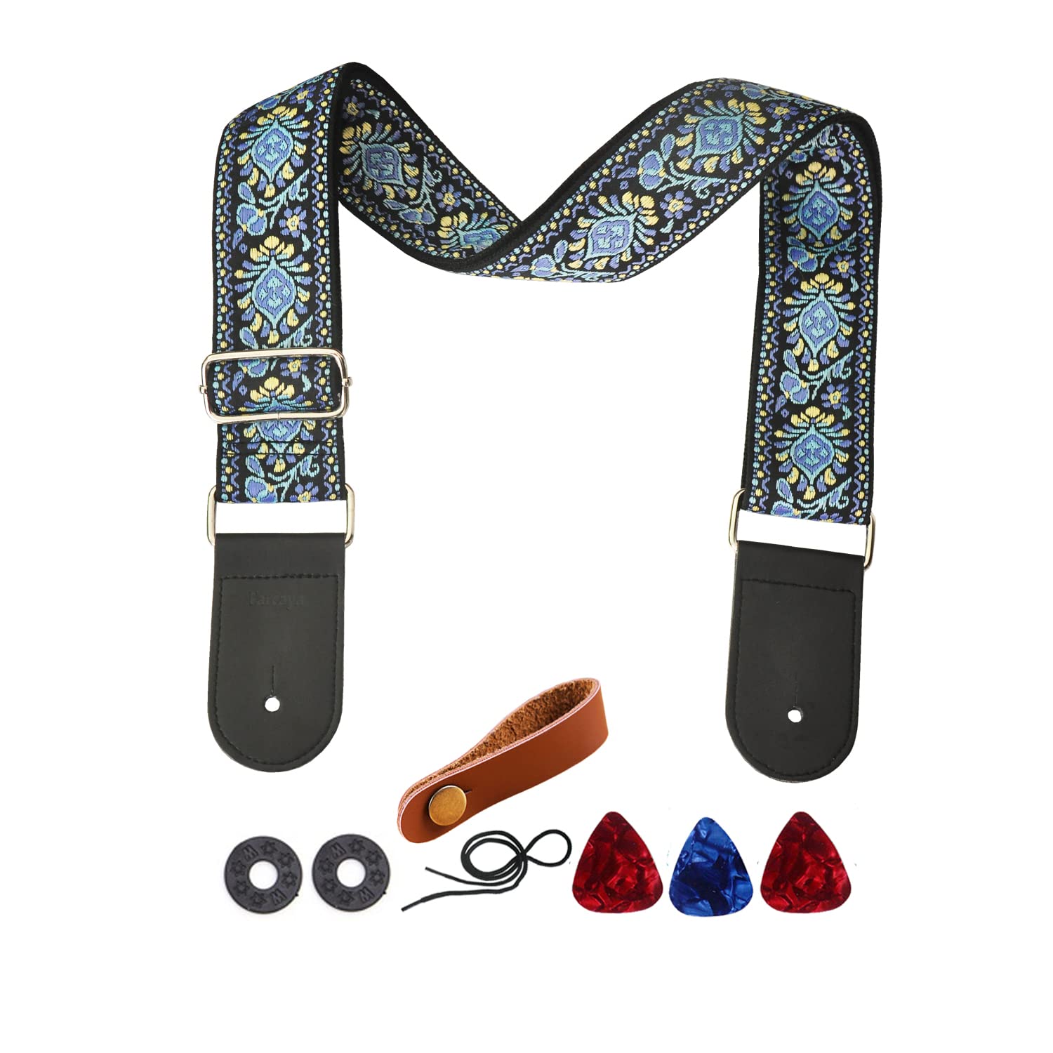 Guitar Strap Jacquard Weave Cotton Adjustable Shoulder Strap with 2Strap Lock Button 3Picks Headstock Strap Tie, Blue Flower, 2 