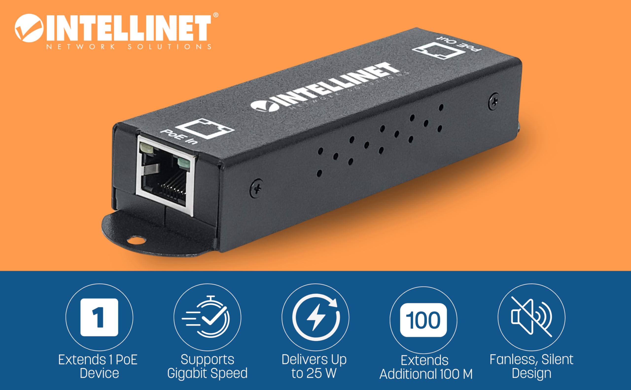 Intellinet 1 Port Indoor Gigabit Poe+ Extender Repeater   25W Power Budget Via Cat5E Cat6 Rj45 Ethernet Network Cables, Daisy Ch