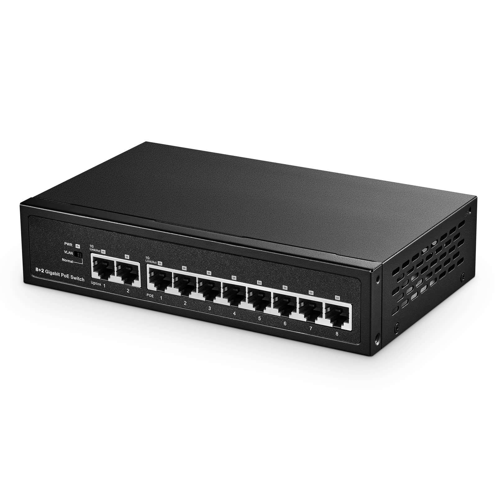 Binardat 10 Port Gigabit Poe Switch, 8 Poe+ Ports 1000Mbps, 2 Gigabit Uplink, Ieee802.3Af/At, 120W Internal Power Supply, Metal