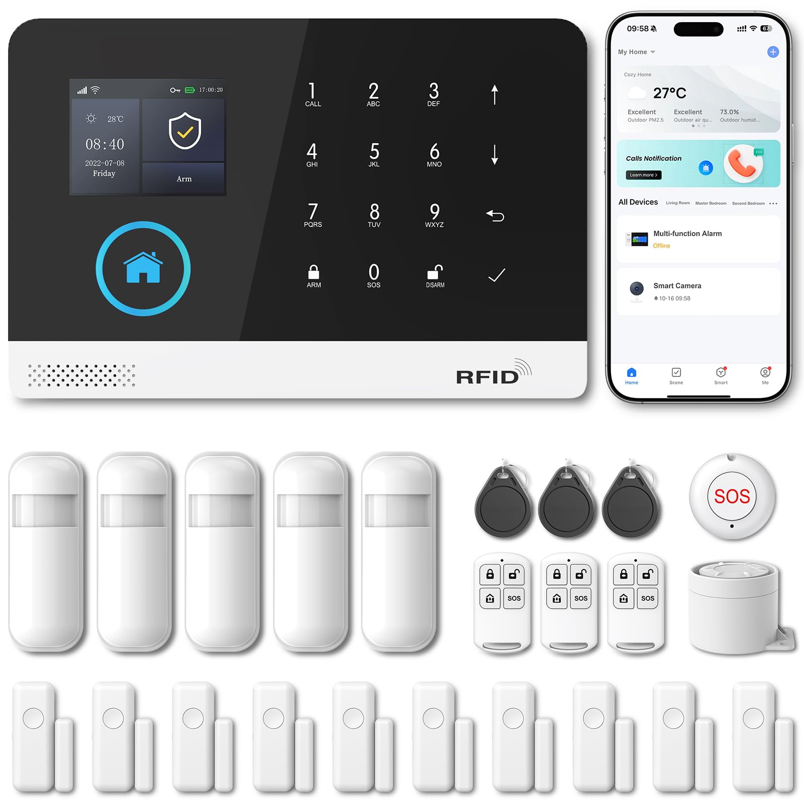 PGST Home Security Systems for House, Wireless Home Security Alarm System, Door/Window Sensor Motion Sensors with App Alert, WiF