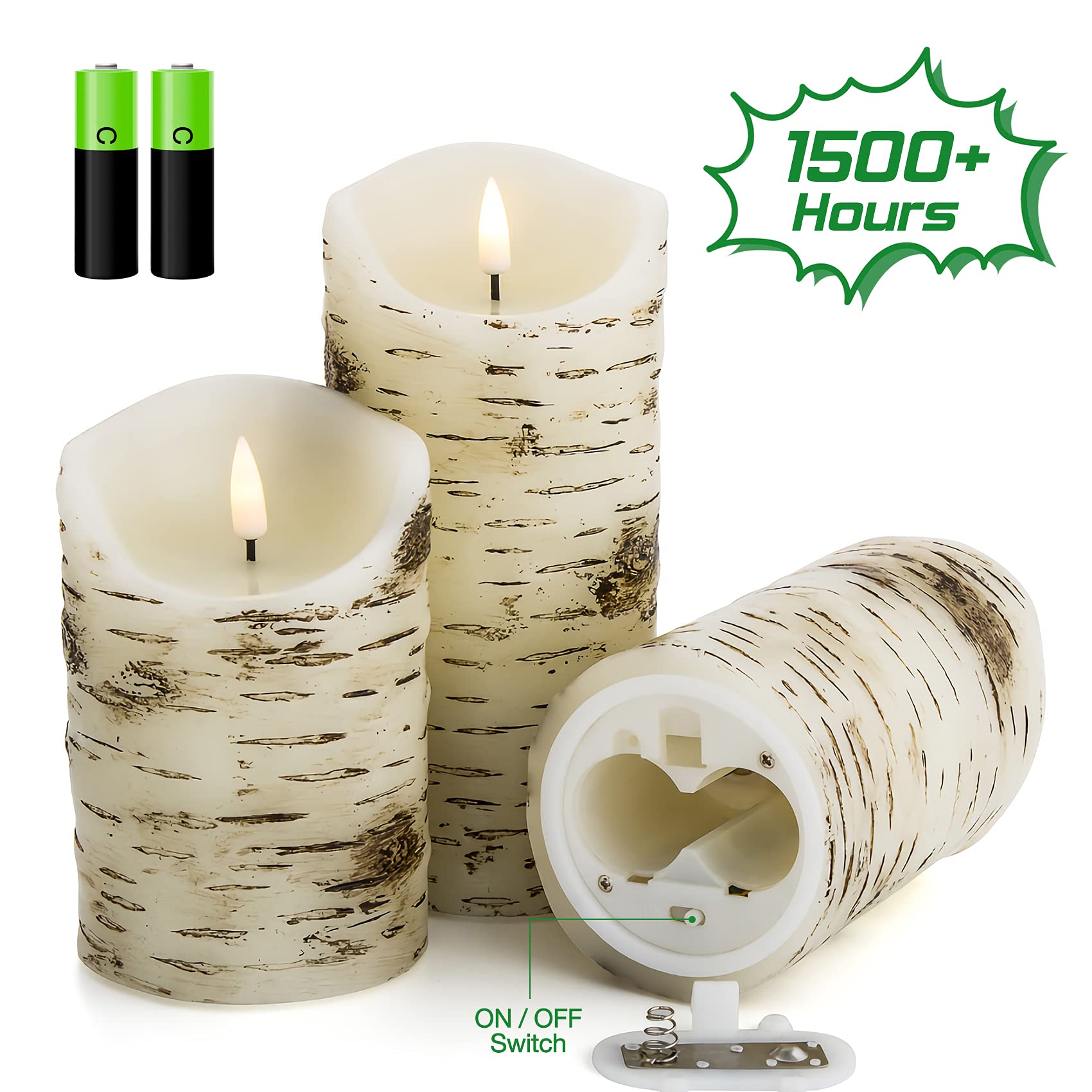 Eywamage Birch Bark Flameless Pillar Candles With Remote, Flickering Rustic Battery Led Wood Candles Set Of 3