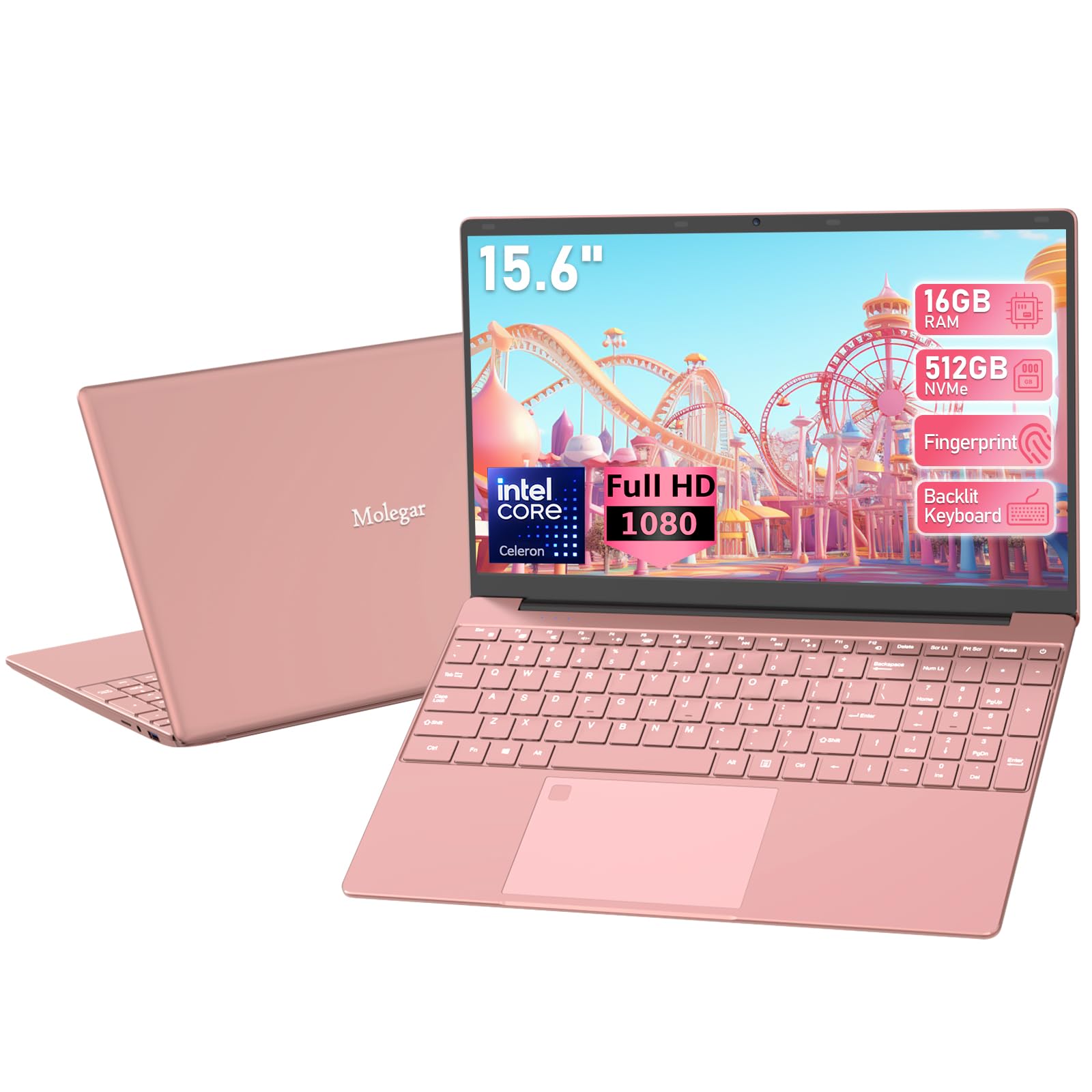 15.6 FHD Student Laptop Pink,16GB DDR4 RAM 512GB PCIe SSD,Portable Laptop Computer with Backlit Keyboard,180  Angle Opening,Fing