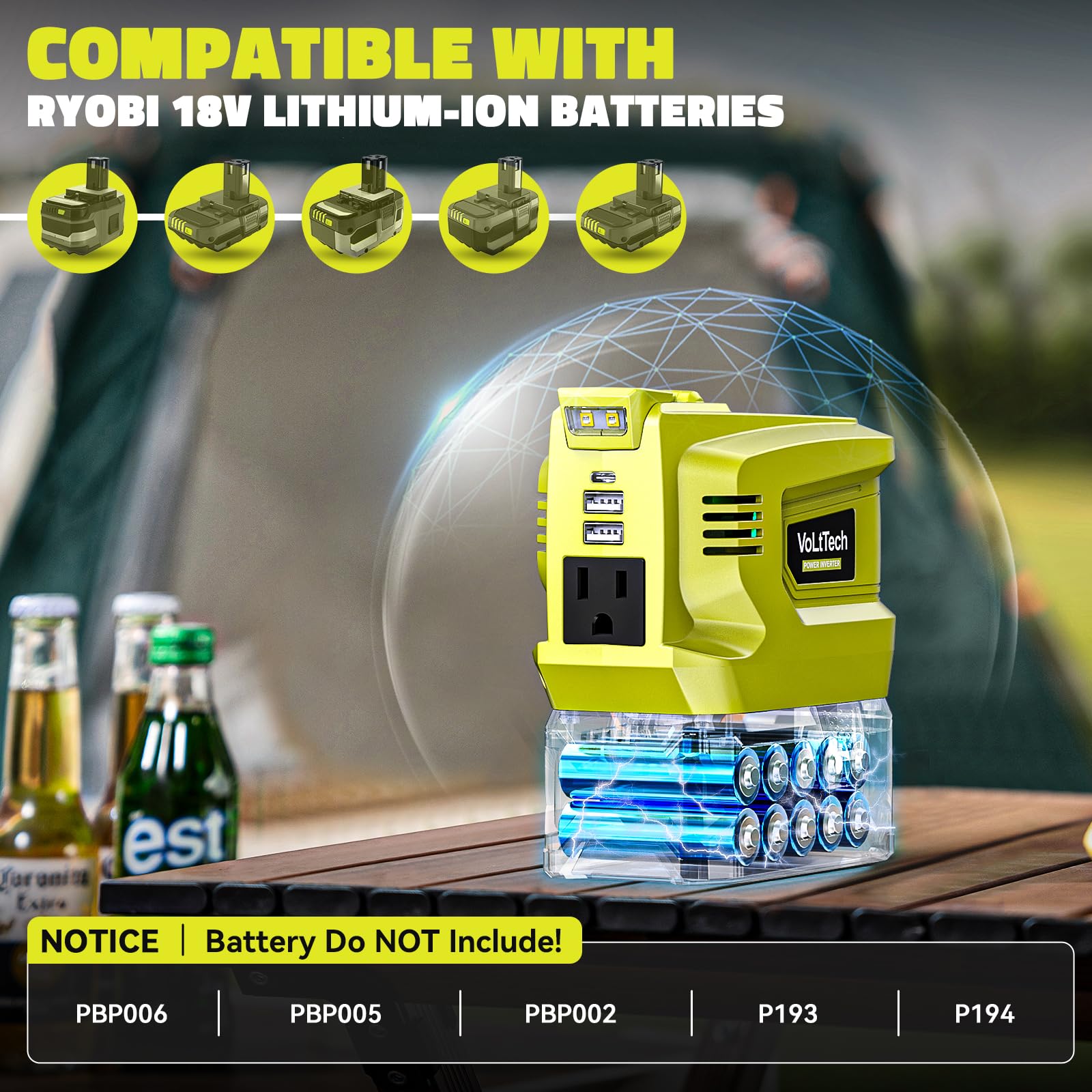 Volttech 200W Power Inverter For Ryobi 18V Battery, 18V To 110V 120V, Portable Power Station With Usb Charger Adapter, 2 Usb Por