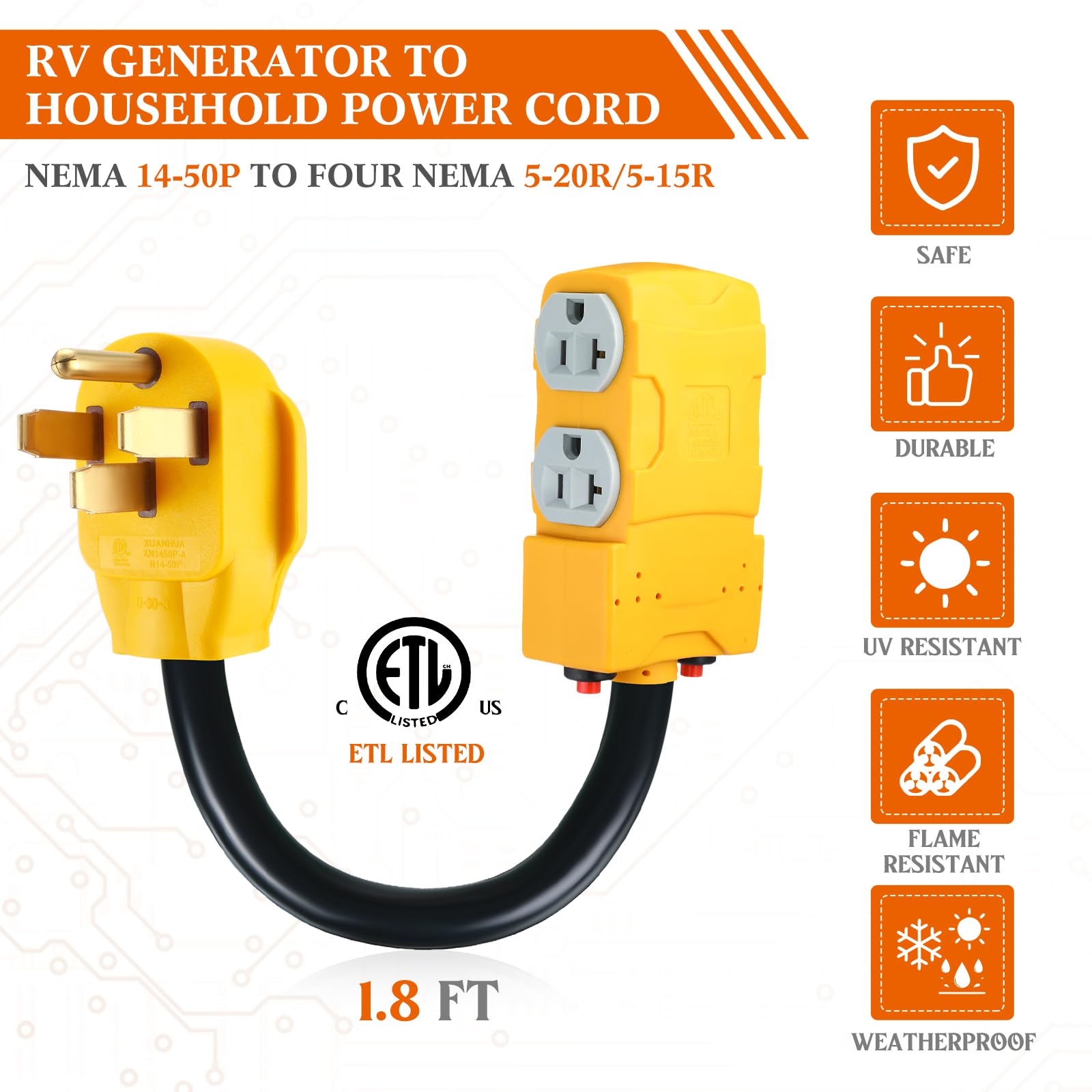 Kanayu 1.8 Ft 50 Amp To 20 Amp 110V Rv Distribution Adapter Compatible With Nema 14 50P To 4X 5 20R/ 5 15R 4 Prong Rv Generator